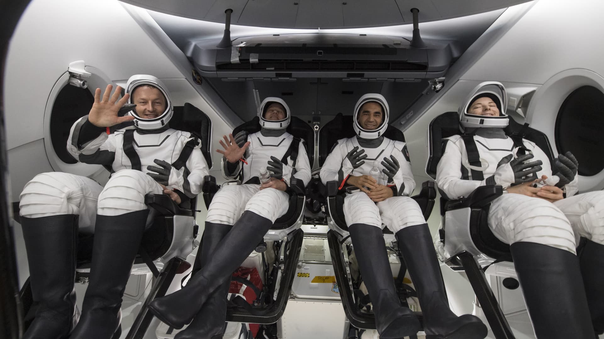 From left to right: ESA astronaut Matthias Maurer and NASA astronauts Tom Marshburn, Raja Chari, and Kayla Barron inside the SpaceX's Crew Dragon Endurance after splashdown on May 6, 2022.
