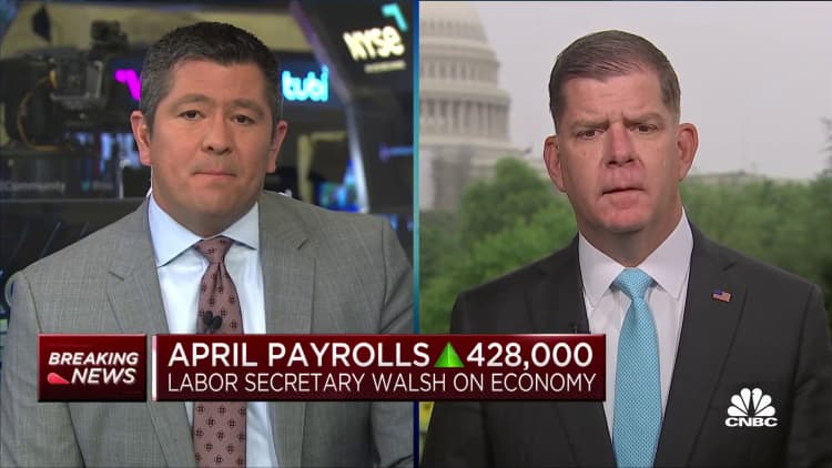 U.S. Labor Secretary Marty Walsh reacts to April's higher-than-expected jobs report