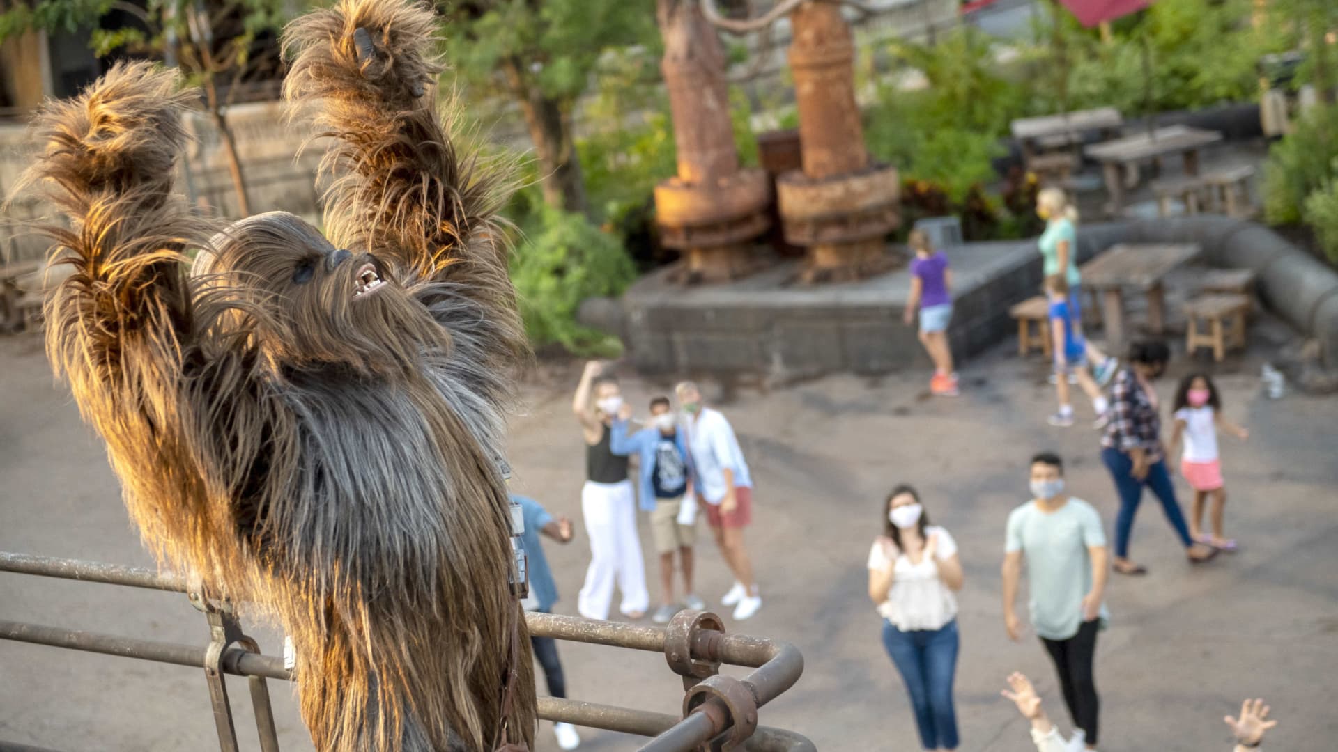 Chewbacca is seen at Disneyland Park on July 14, 2020 in Anaheim, California. Disneyland plans to reopen on April 30, 2021.