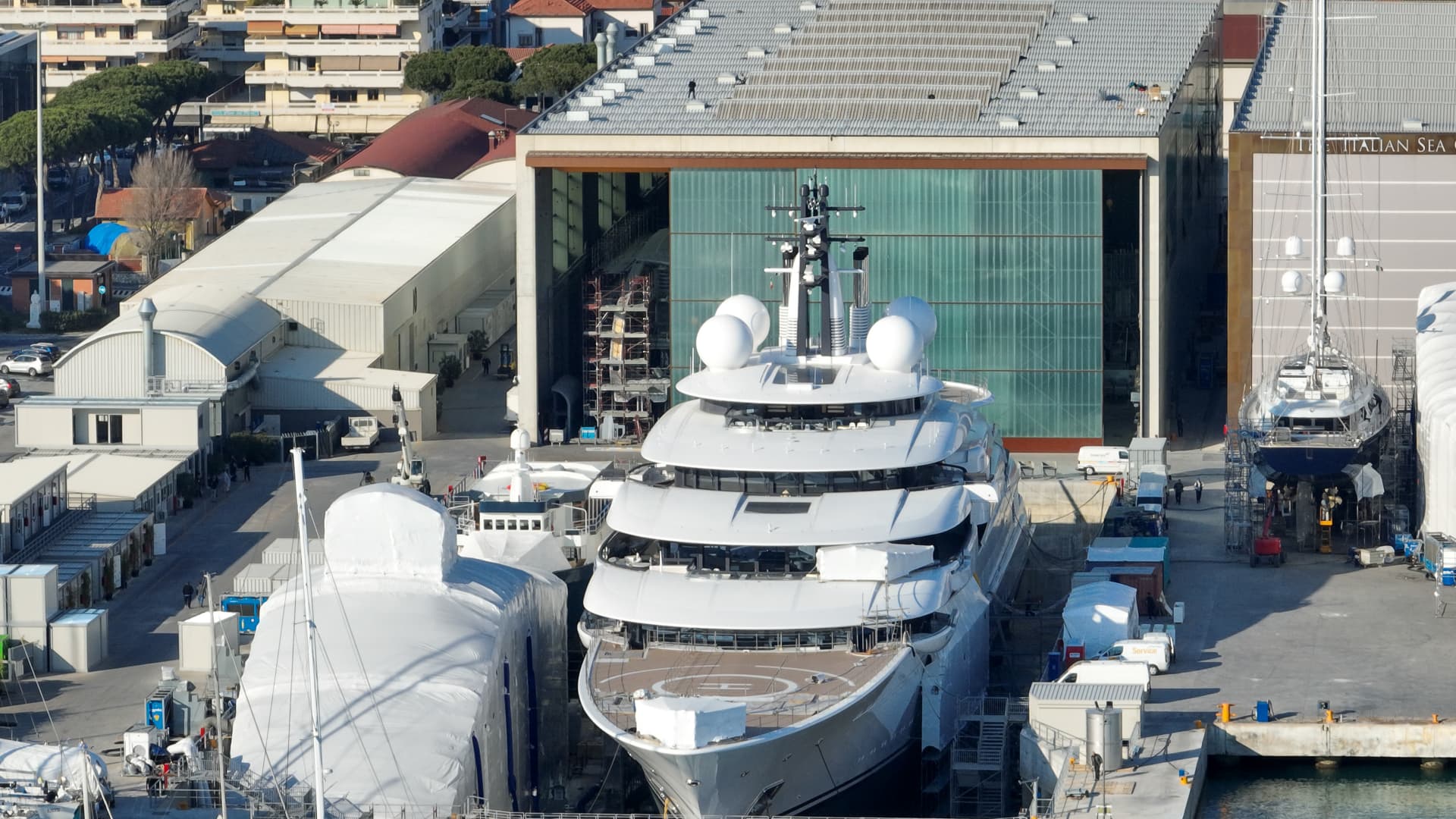 The Scheherazade 459-foot superyacht docked at the shipyard in Marina Di Carrara, Italy, on Wednesday, March 23, 2022.