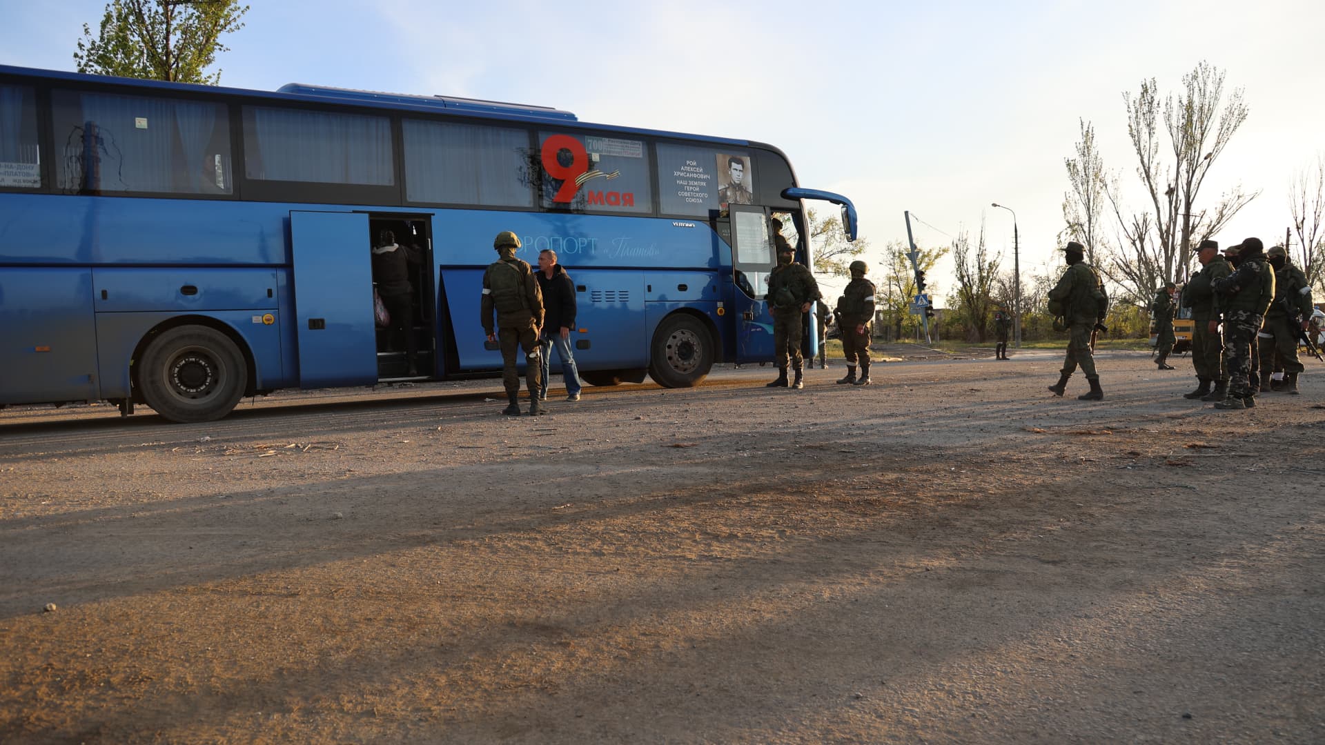 Several dozen Ukrainian civilians, who had been living in the bomb shelters of the Azovstal plant for more than a month, are seen being evacuated in Mariupol, Ukraine on May 06, 2022.