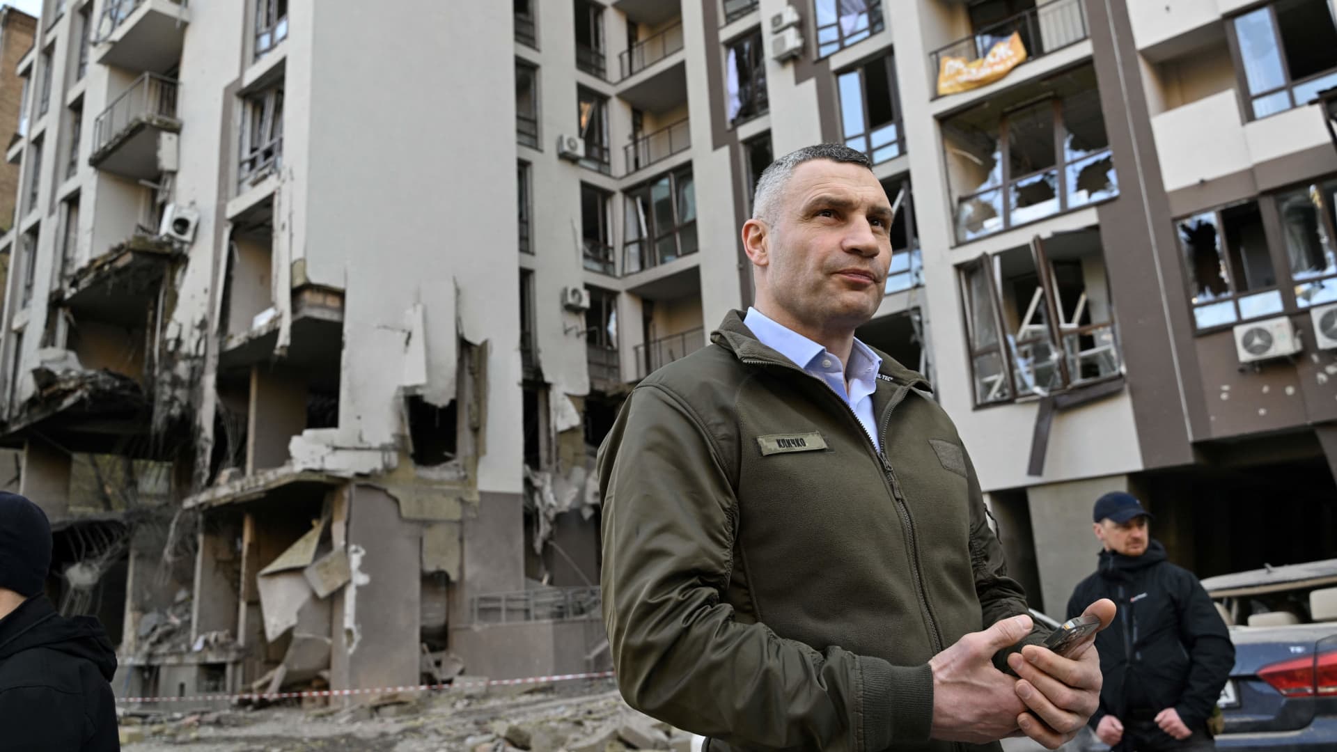 Kyiv's mayor Vitali Klitschko stands in front of a damaged building following Russian strikes in Kyiv on April 29, 2022, amid Russian invasion of Ukraine.