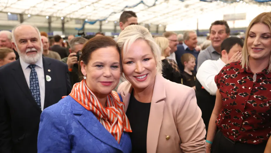 Sinn Fein's Michelle O'Neill, right, and party leader Mary Lou McDonald after Sinn Fein topped the poll at the Medow Bank election count center.