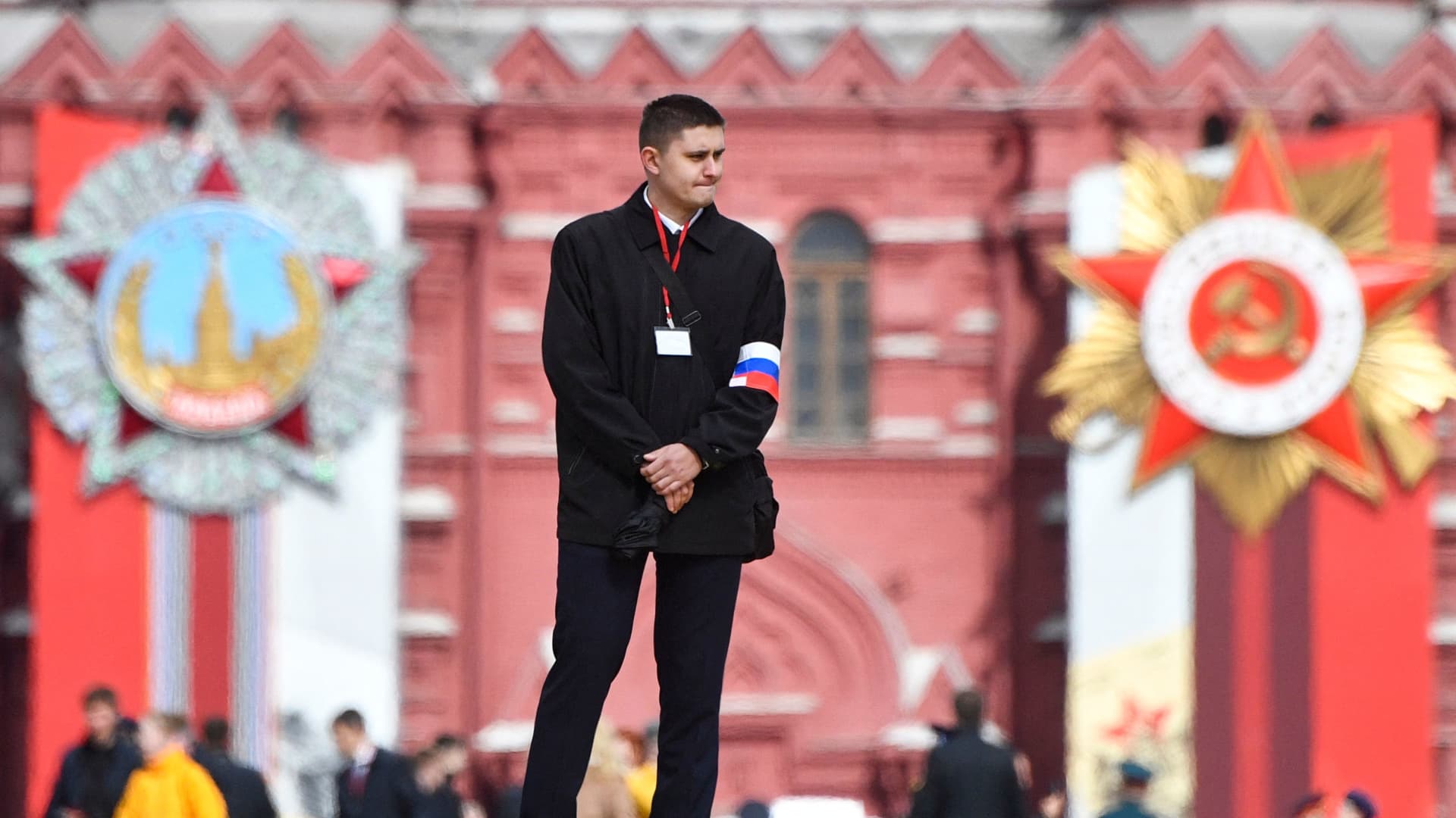 A security guard stands on Red Square prior to the Victory Day military parade in central Moscow on May 9, 2022. Russia celebrates the 77th anniversary of the victory over Nazi Germany during World War II.
