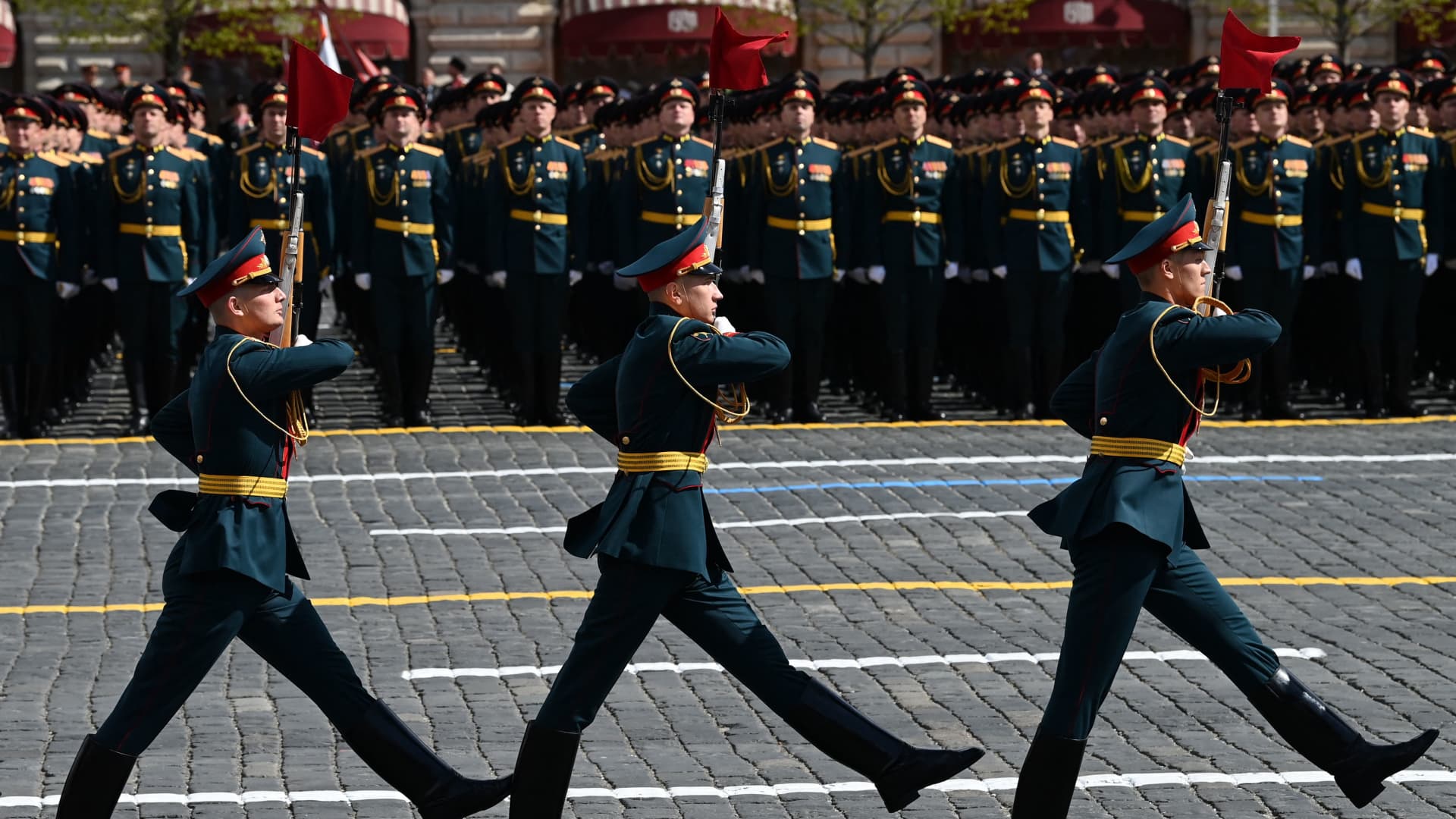 Russian honour guards march on Red Square during the Victory Day military parade in central Moscow on May 9, 2022.
