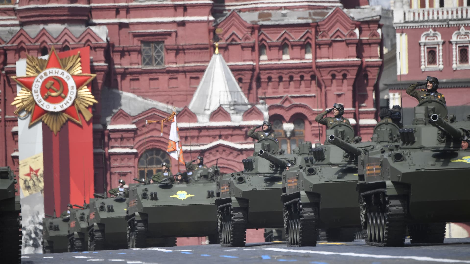 Russian servicemen ride military vehicles during the Victory Day military parade at Red Square in central Moscow on May 9, 2022. - Russia celebrates the 77th anniversary of the victory over Nazi Germany during World War II. (Photo by Alexander NEMENOV / AFP) (Photo by ALEXANDER NEMENOV/AFP via Getty Images)