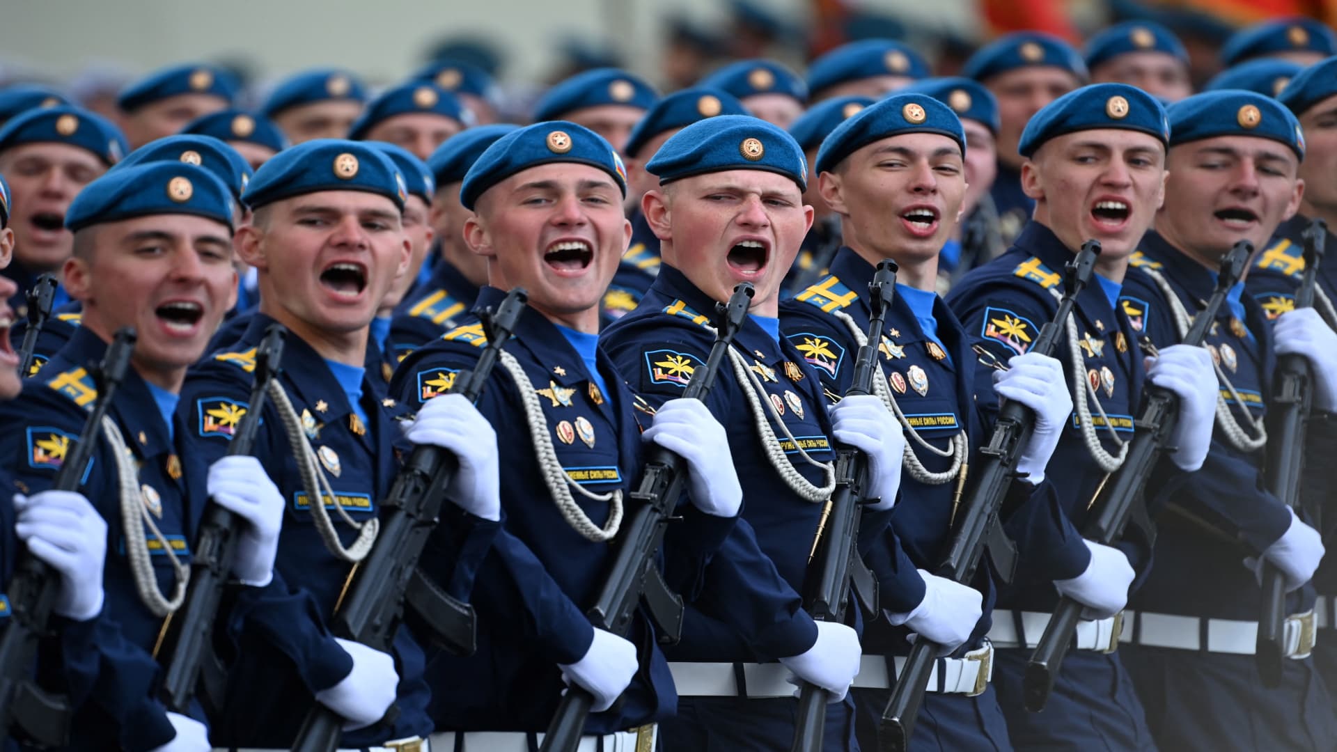 Russian servicemen march on Red Square during the Victory Day military parade in central Moscow on May 9, 2022. - Russia celebrates the 77th anniversary of the victory over Nazi Germany during World War II. (Photo by Kirill KUDRYAVTSEV / AFP) (Photo by KIRILL KUDRYAVTSEV/AFP via Getty Images)
