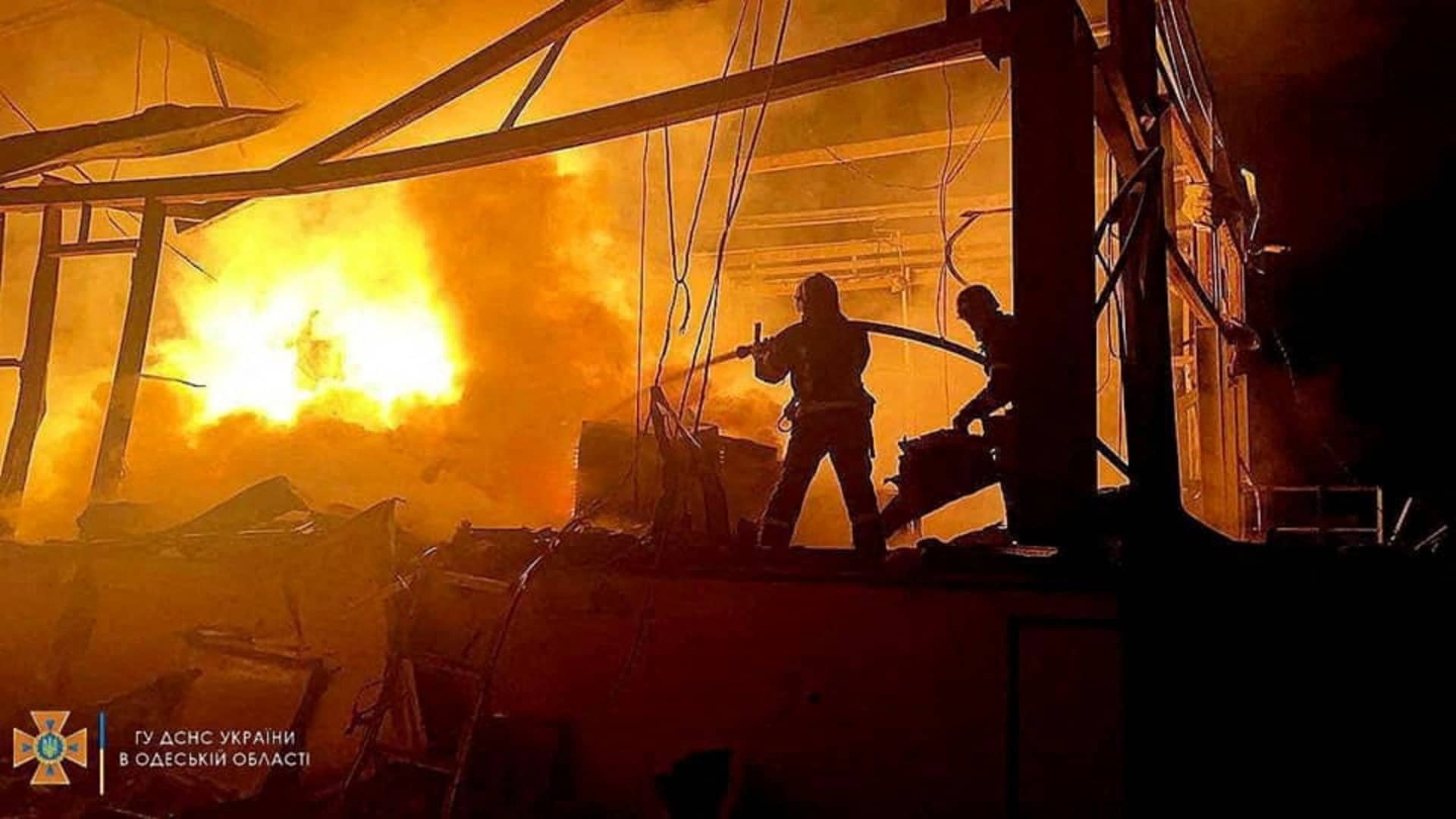 First responders work at the site of a missile strike, amid Russia's invasion of Ukraine, in Odesa, Ukraine in this handout image released May 10, 2022. 