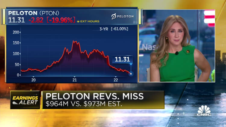 Peloton shares fall after company reports wider-than-expected quarterly loss