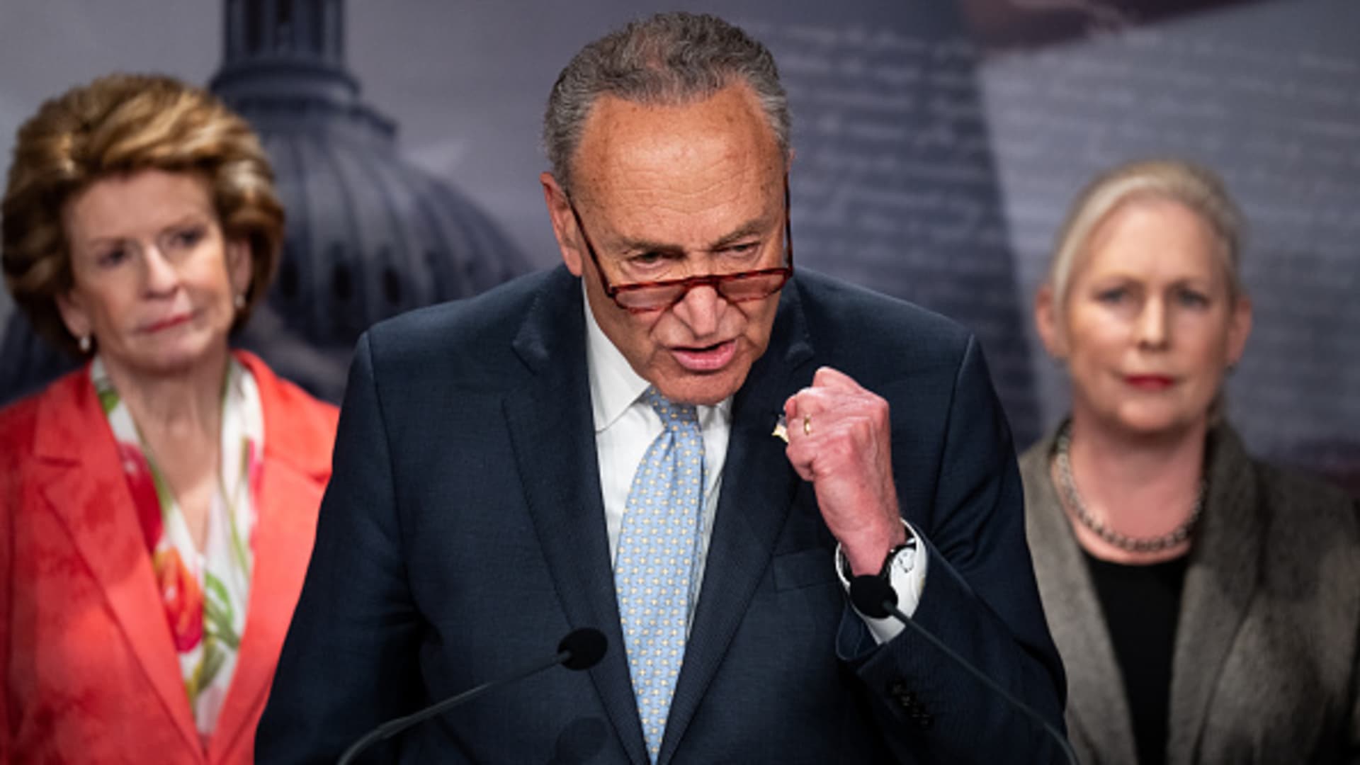 Senate Majority Leader Chuck Schumer, D-N.Y., flanked from left by Sen. Debbie Stabenow, D-Mich., and Sen. Kirsten Gillibrand, D-N.Y., holds a news conference on Thursday, May 5, 2022, to announce the Senate will vote on the Women's Health Protection Act of 2022.
