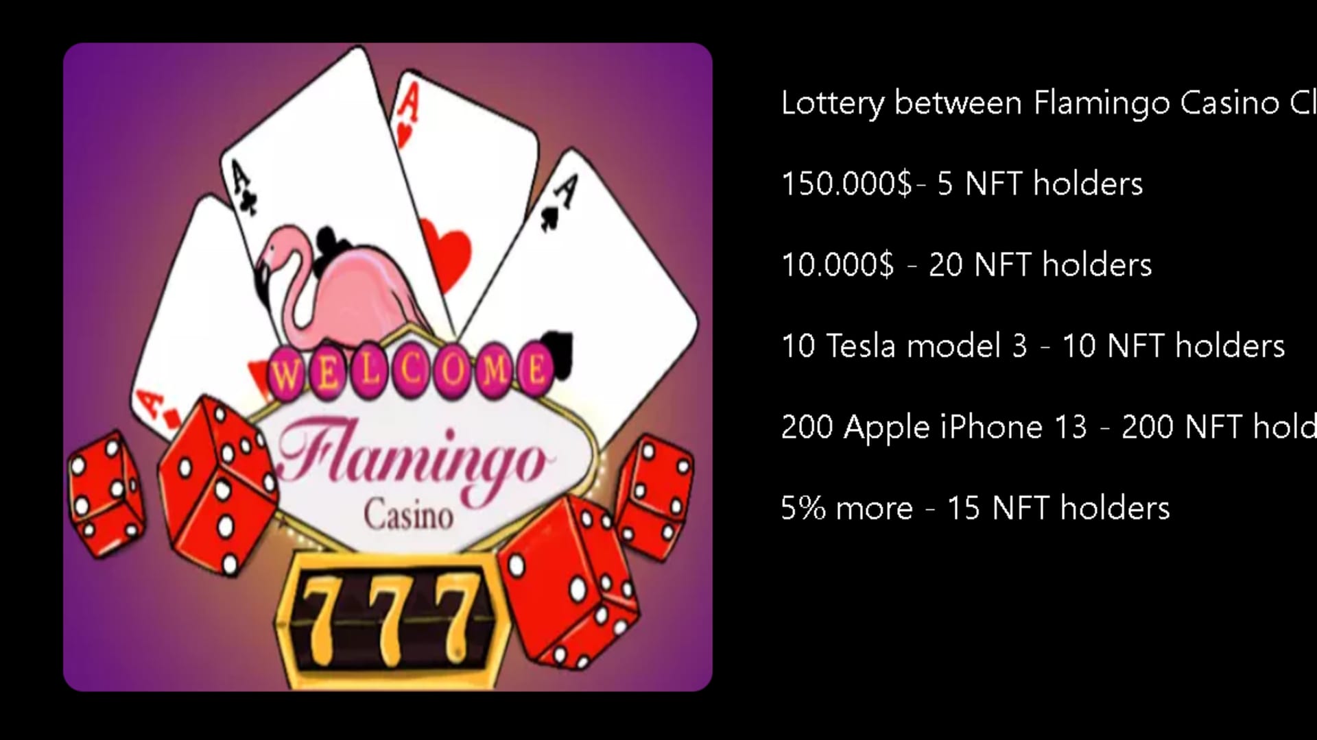 Screenshot taken from Flamingo Casino Club’s website which says NFT holders are eligible for prizes, such as Teslas and iPhones.