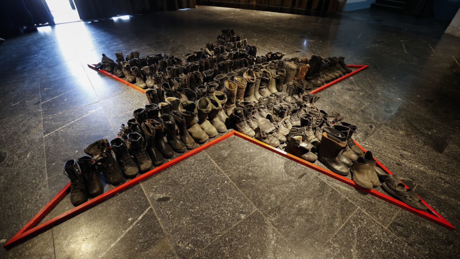 Military boots of Russian military forces are seen at National Museum of the History of Ukraine in World War II in Kyiv, Ukraine on May 10, 2022.