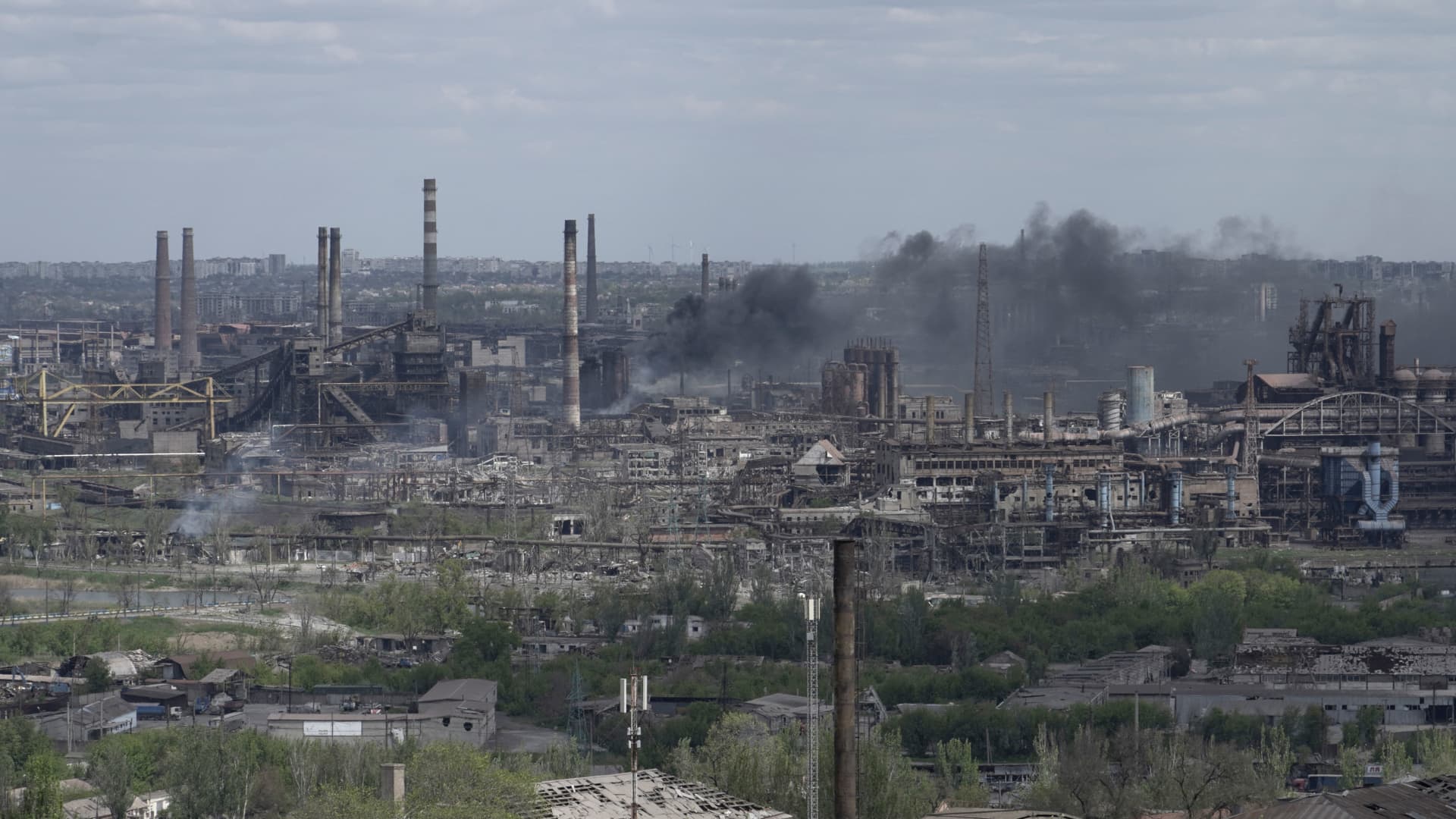 TOPSHOT - A view shows the Azovstal steel plant in the city of Mariupol on May 10, 2022, amid the ongoing Russian military action in Ukraine. 