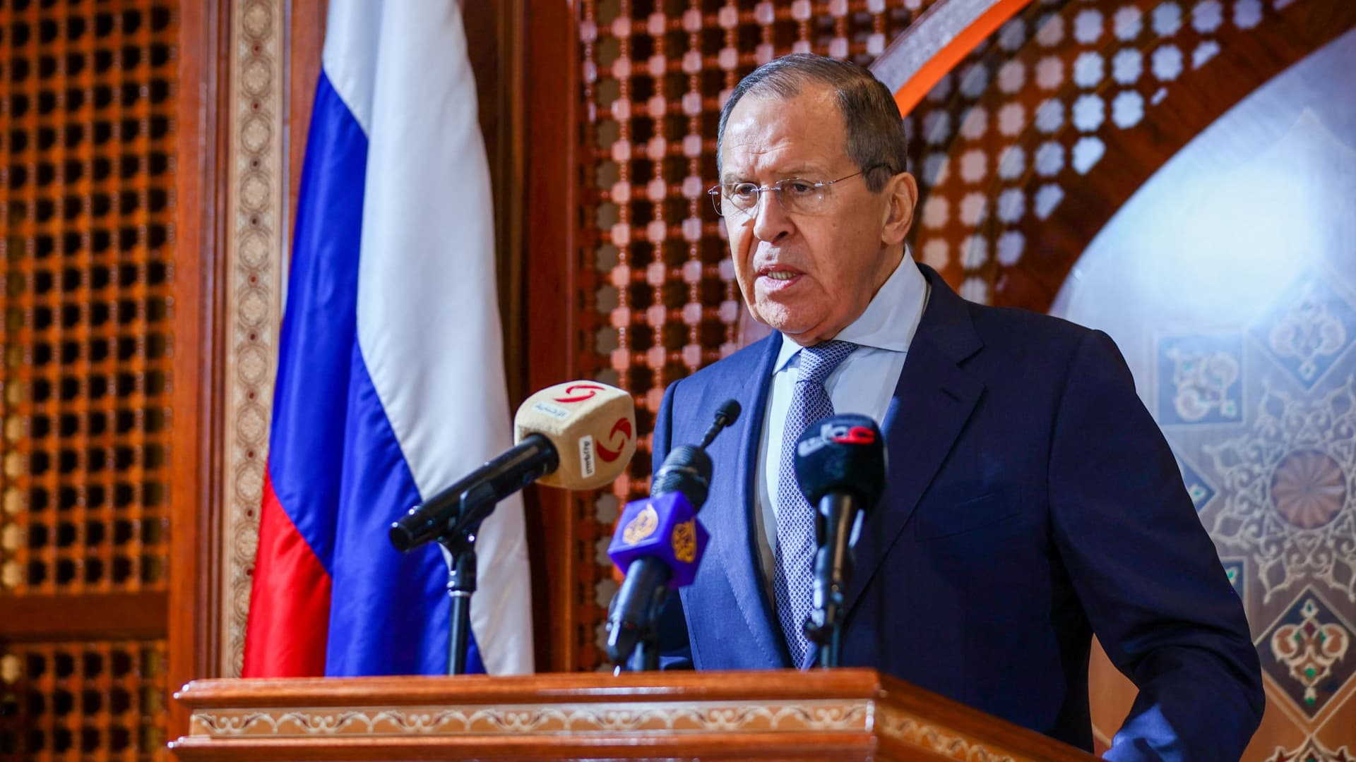 Russian Foreign Minister Sergei Lavrov attends a news conference following talks with his Omani counterpart Badr al-Busaidi in Muscat, Oman, May 11, 2022.