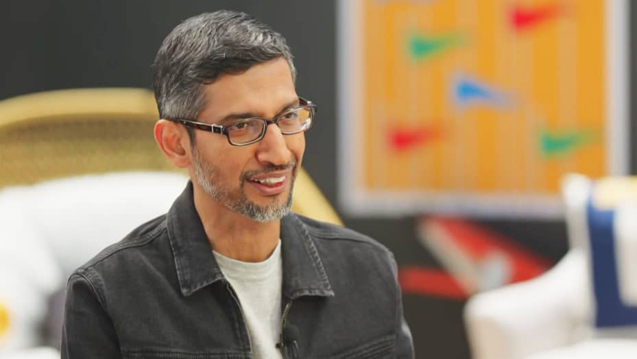 Sundar Pichai, CEO of Alphabet and Google being interviewed by CNBC's Deirdre Bosa.