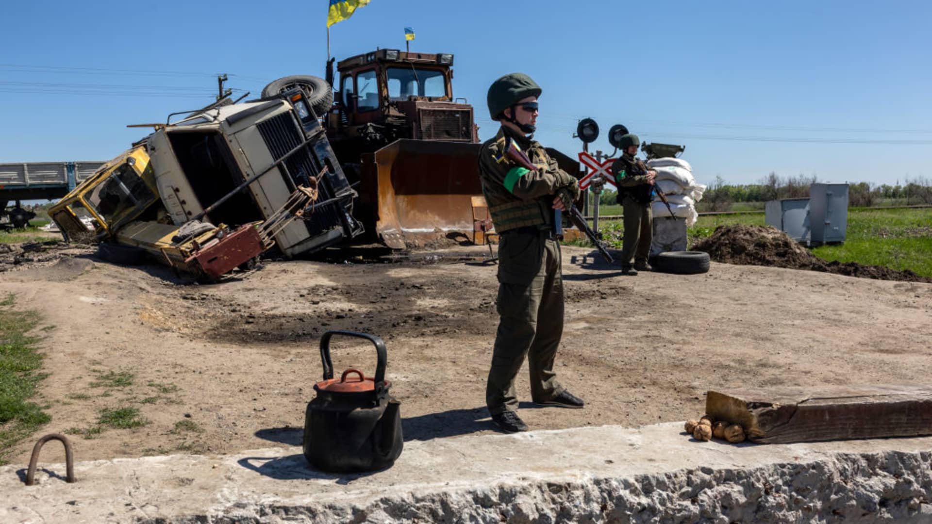 Ukrainian national guard soldiers stand watch near frontline positions on May 7, 2022 in Zelenodolsk, Ukraine. More than 500 members of the National Guard of Ukraine have died since Russia's invasion, Oleksiy Nadtochyi, the head of its operational department, said, NBC News reported.