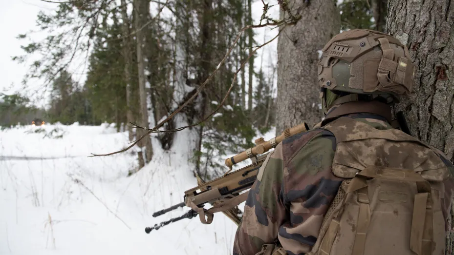 A French soldier takes part in a major drill as part of NATO's EFP (Enhance forward presence) operation at the Tapa Estonian army camp near Rakvere, on February 6, 2022.