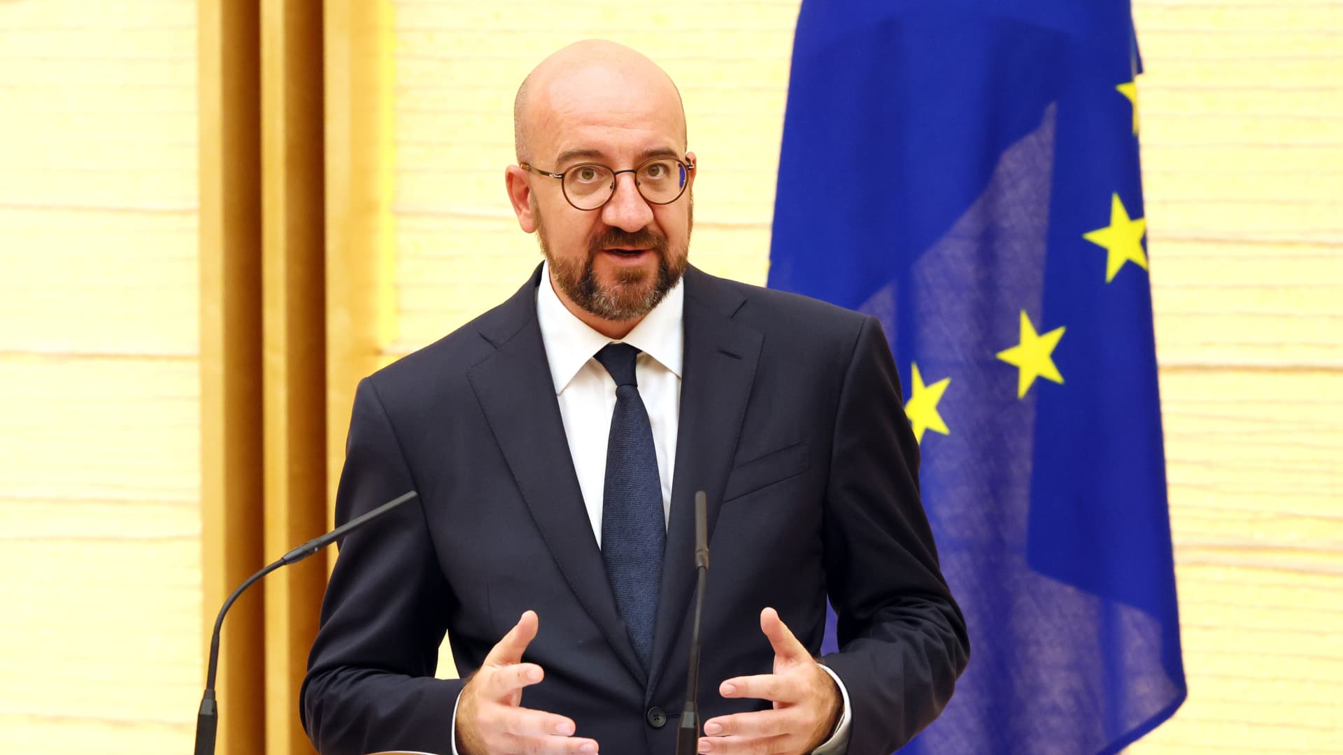 European Council President Charles Michel talks during the joint press conference with European Commission President Ursula von der Leyen and Japanese Prime Minister Fumio Kishida following their meeting at the prime minister's office on May 12, 2022 in Tokyo, Japan.