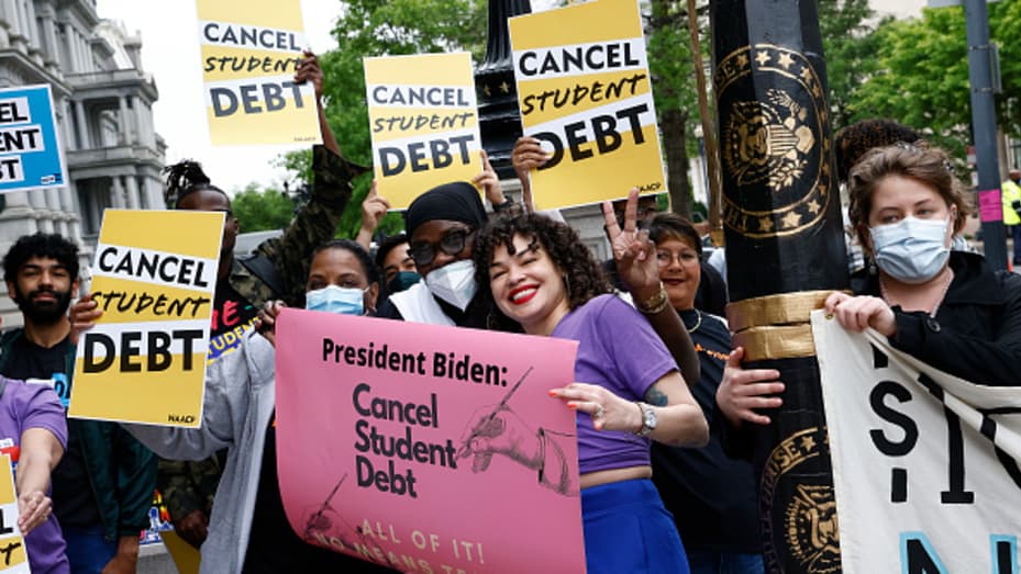 Student loan borrowers gather near The White House to tell President Biden to cancel student debt on May 12, 2020 in Washington, DC.
