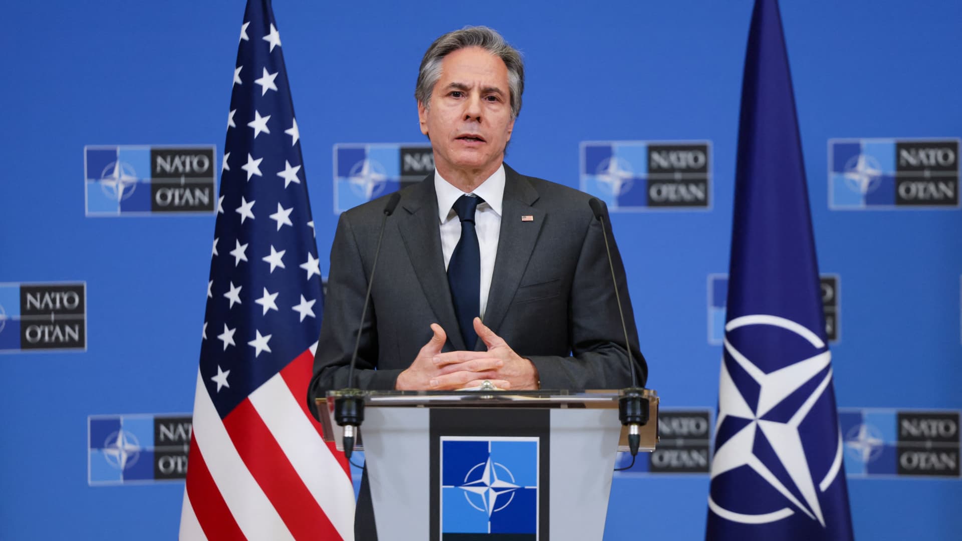 US Secretary of State Antony Blinken speaks to the media after a NATO foreign ministers meeting, amid Russia's invasion of Ukraine, at NATO headquarters in Brussels, Belgium April 7, 2022.
