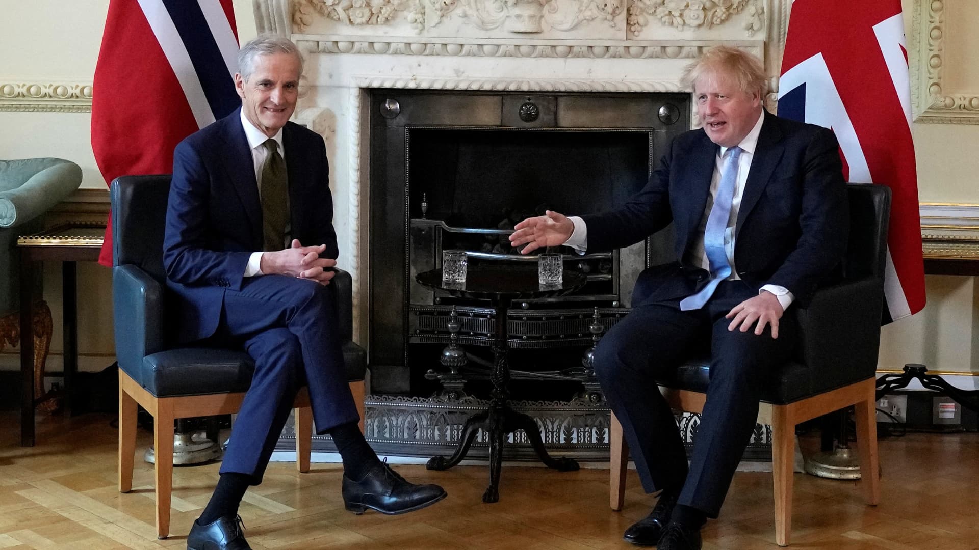 British Prime Minister Boris Johnson meets with Norwegian Prime Minister Jonas Gahr Store at 10 Downing Street, in London, Britain, May 13, 2022. 