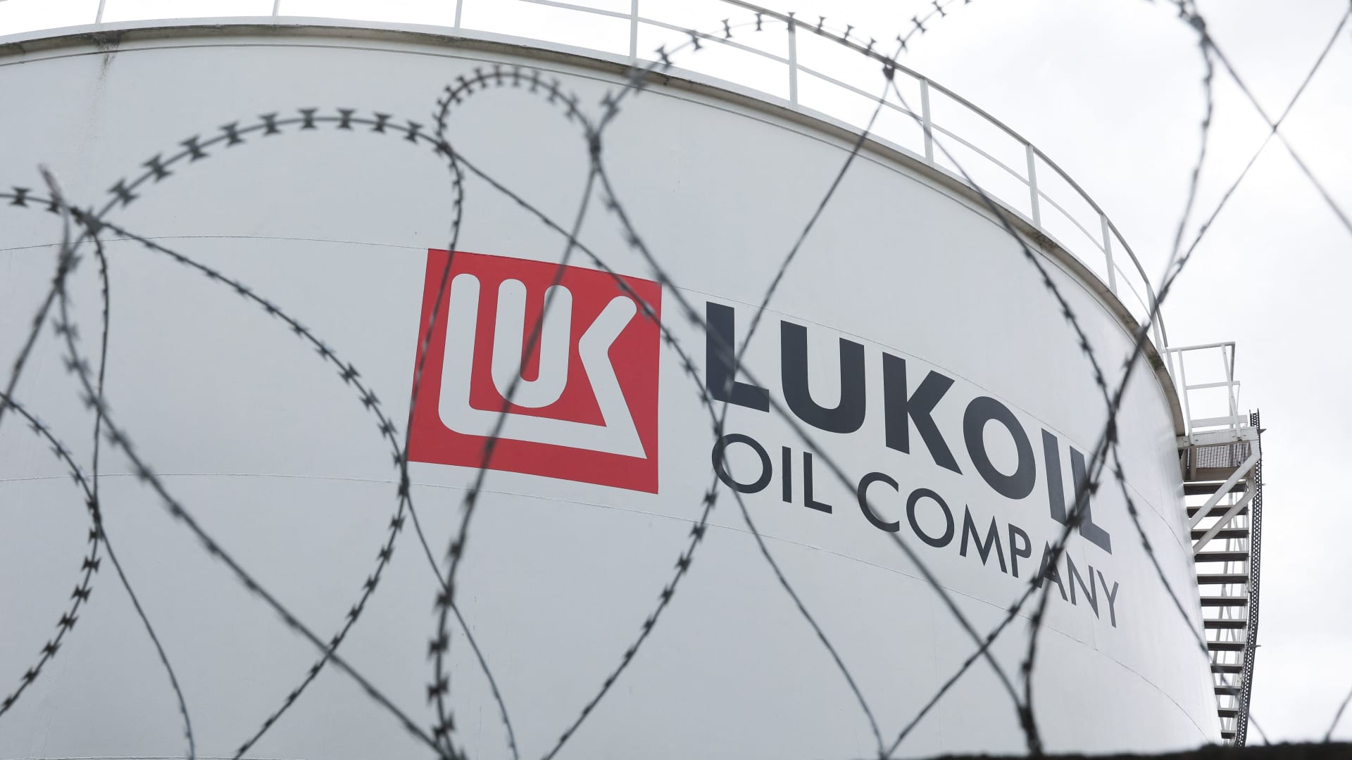 This photograph taken on May 13, 2022 shows a view of Russian oil company Lukoil fuel storage tank in Brussels.
