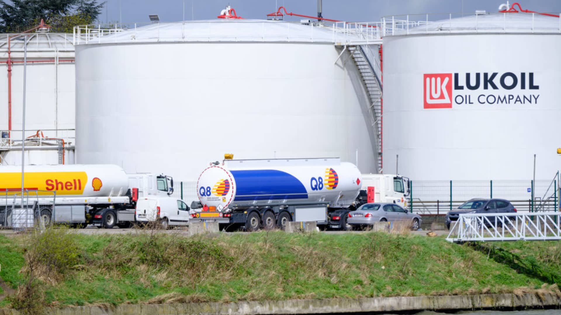 The russian multinational energy corporation Lukoil depot of Neder-Over-Heembeek is seen on April 7, 2022 in Brussels, Belgium.