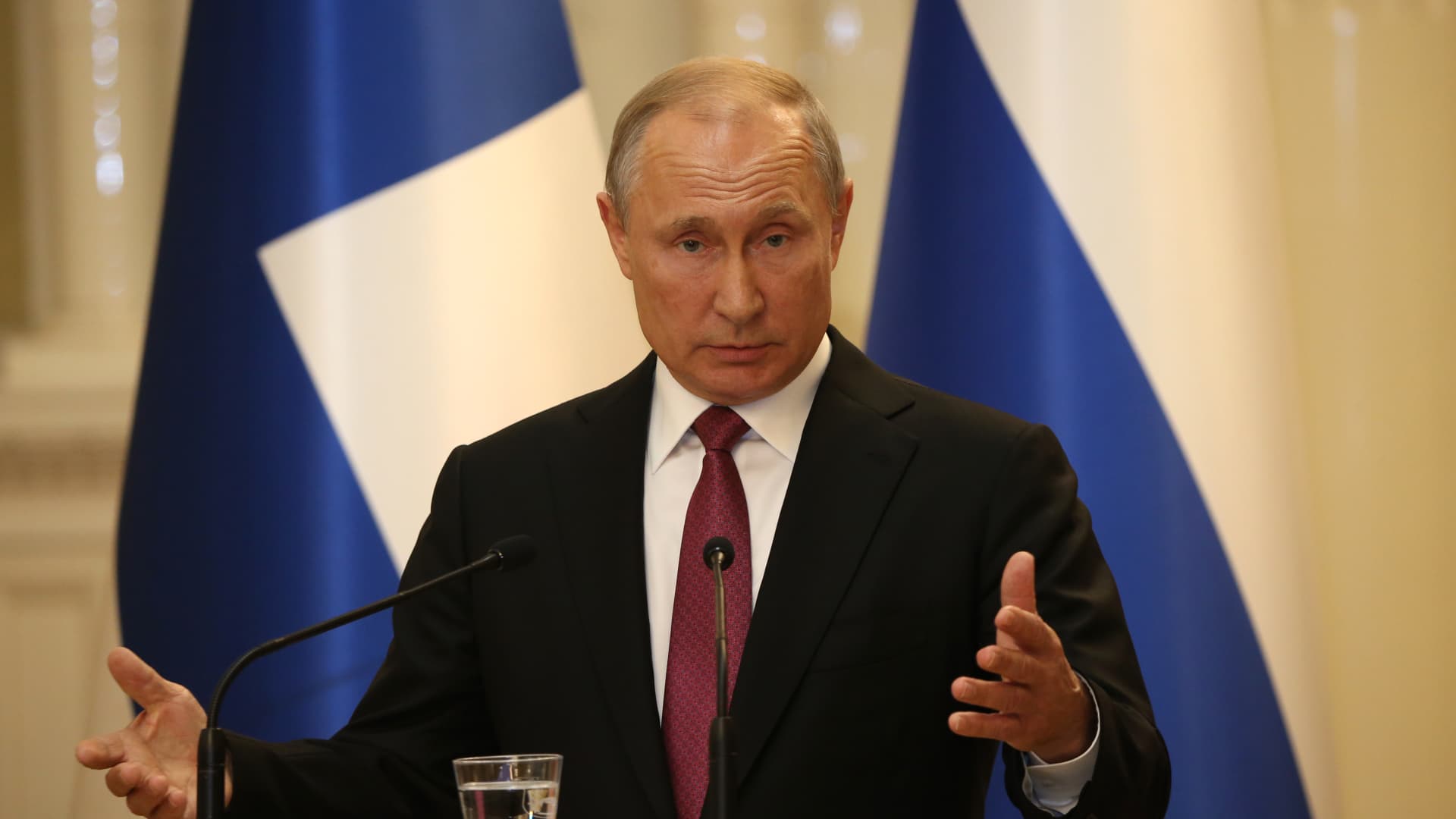 Russian President Vladimir Putin delivers a speech as he meets Finland's President Sauli Niinisto on August 21, 2019 in Helsinki, Finland. Russian President Putin is on a one-day visit to Finland.