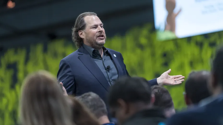 Marc Benioff, chairman and co-chief executive officer of Salesforce.com Inc., speaks at the Dreamforce conference in San Francisco on Nov. 19, 2019. Salesforce's annual software conference, where it introduces new products and discusses its commitment to social causes, was interrupted for the second year in a row by protests against the company's work with the U.S. government.