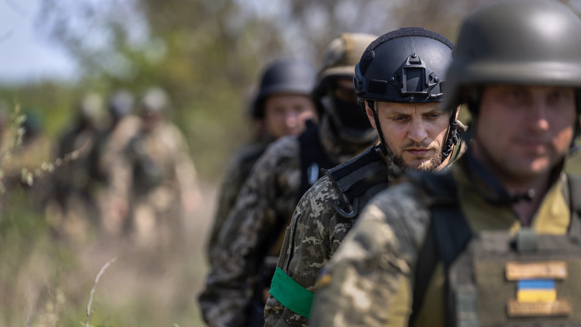 Ukrainian infantrymen train on May 9 in an area north of Kherson Oblast, most of which is controlled by Russia.