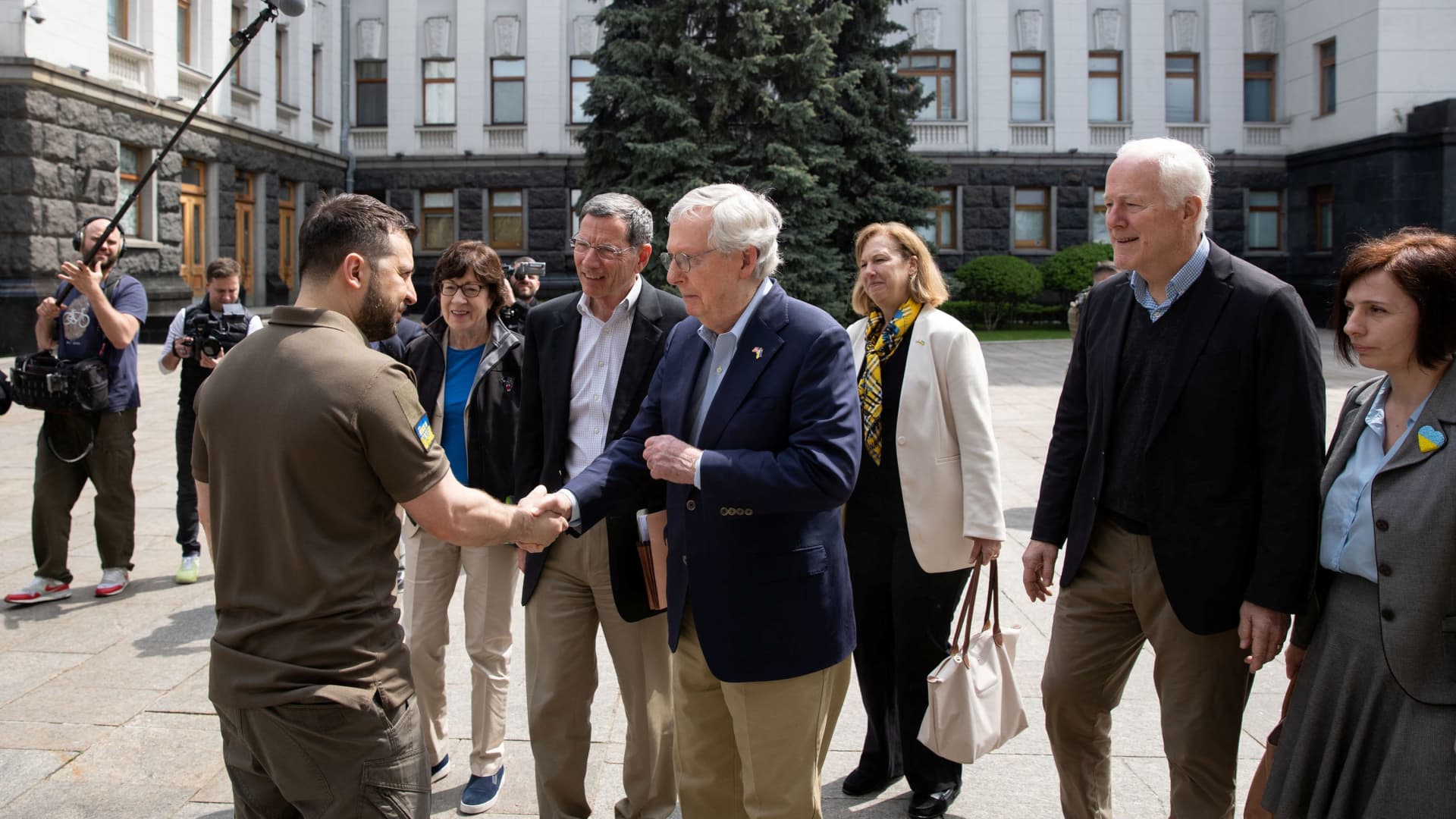 U.S. Senate Minority Leader Mitch McConnell (R-KY), Senator Susan Collins (R-ME), Senator John Barrasso (R-WY) and Senator John Cornyn (R-TX) arrive for a meeting with Ukraine's President Volodymyr Zelenskiy, as Russia's attack on Ukraine continues, in Kyiv, Ukraine May 14, 2022.