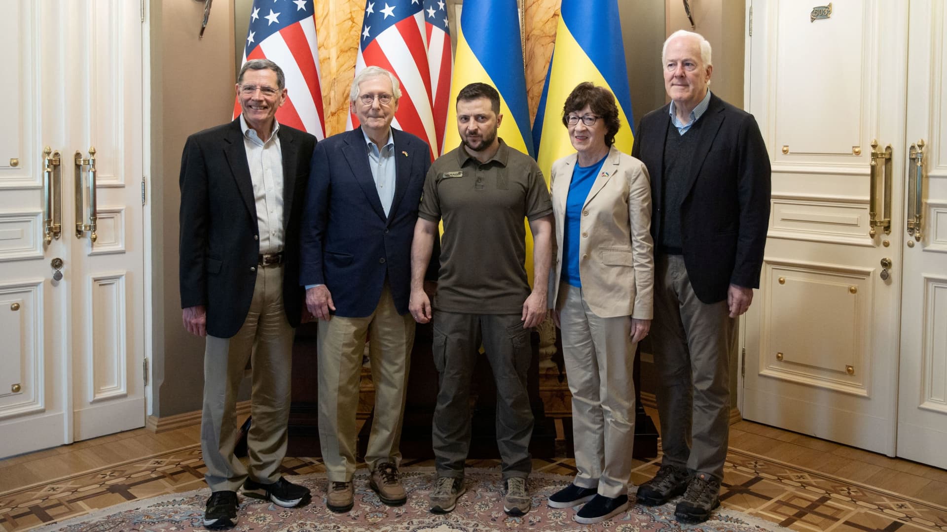 U.S. Senate Minority Leader Mitch McConnell (R-KY), Senator Susan Collins (R-ME), Senator John Barrasso (R-WY) and Senator John Cornyn (R-TX) arrive for a meeting with Ukraine's President Volodymyr Zelenskiy, as Russia's attack on Ukraine continues, in Kyiv, Ukraine May 14, 2022.