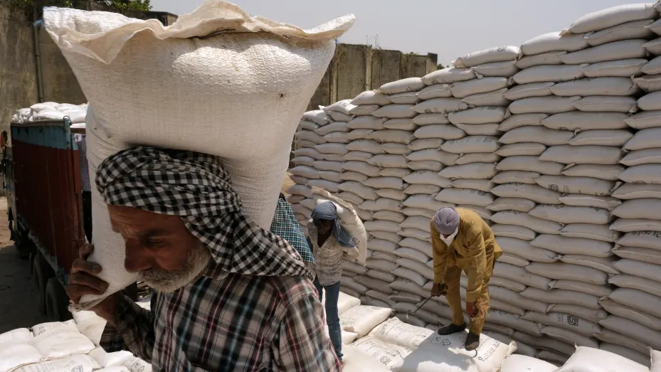 Workers unload wheat sacks from a truck at a Punjab Grains Procurement Corp. facility in the Ludhiana district of Punjab, India, on Sunday, May 1, 2022.