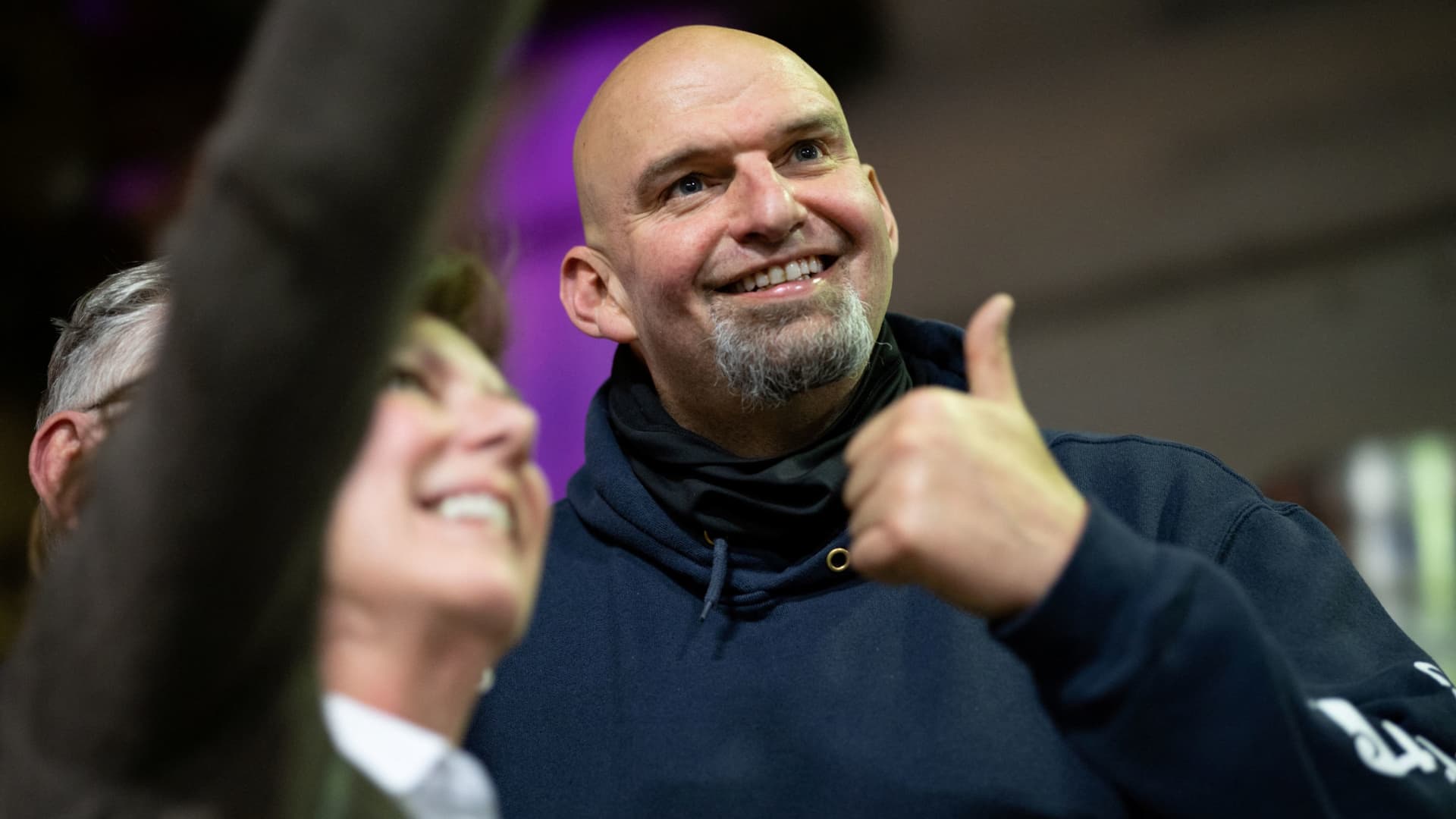 Lt. Gov. John Fetterman, U.S. Democratic Senate candidate for Pennsylvania, takes a selfie with attendees at a meet-and-greet at the Weyerbacher Brewing Company in Easton, Pennsylvania, May 1, 2022.