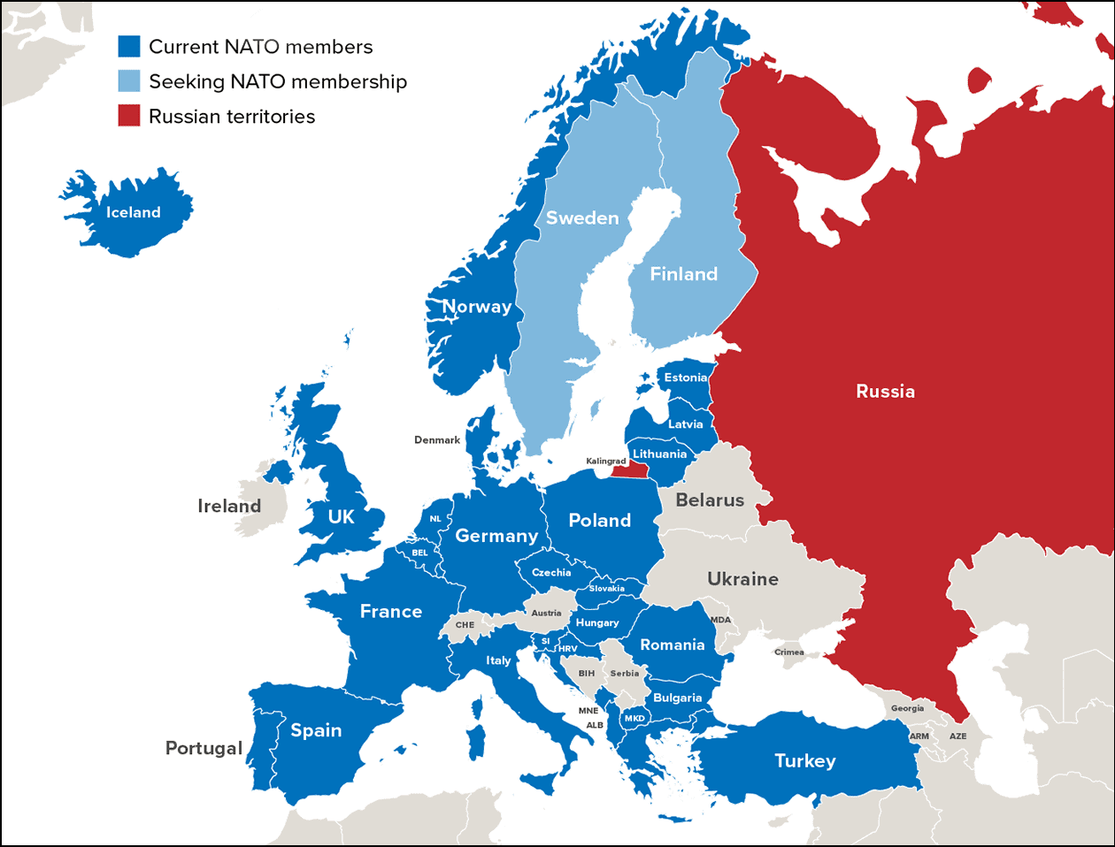 As of 2022, NATO has expanded to let in three former Soviet states and all of the former Warsaw Pact countries.