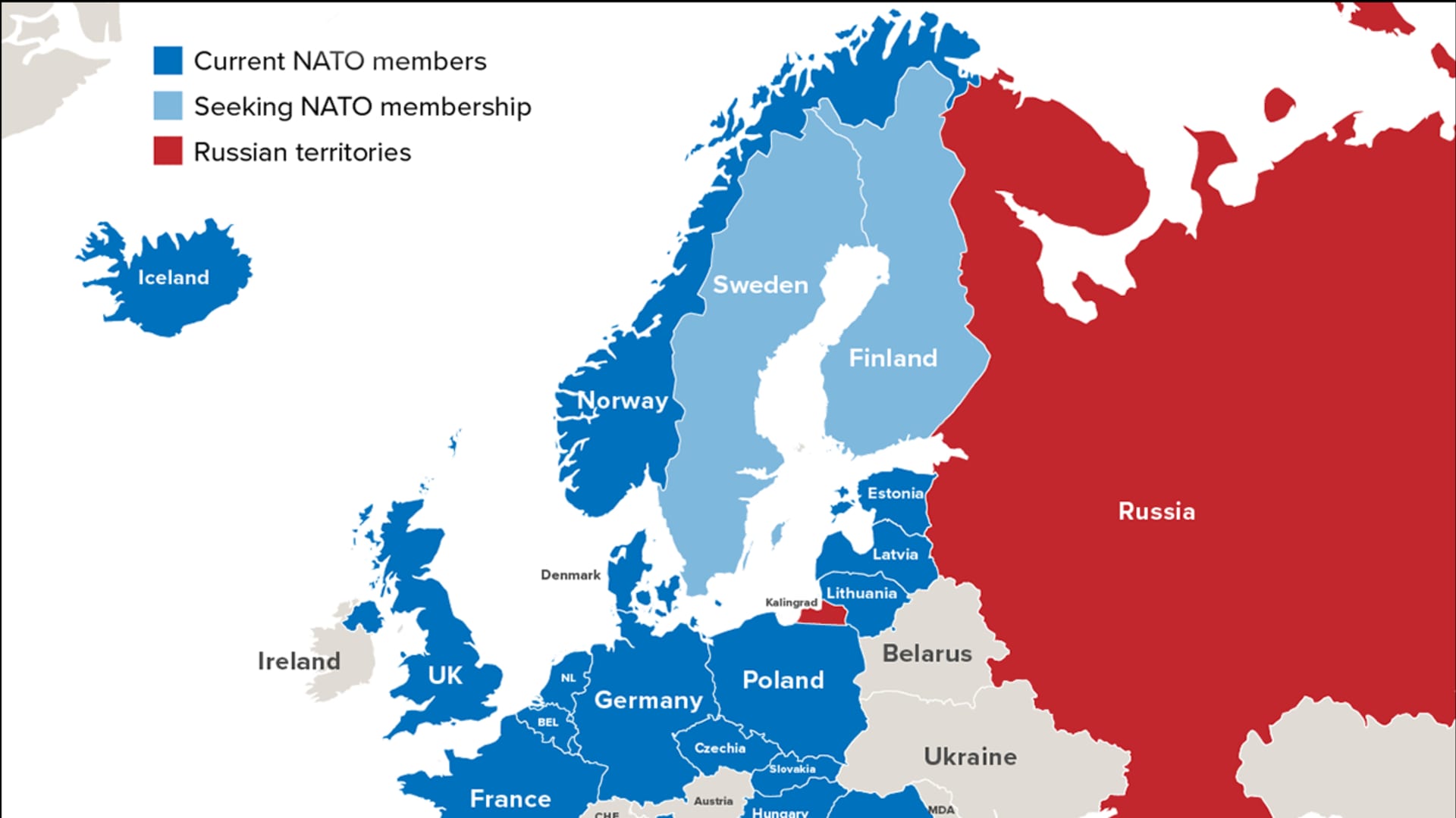 As of 2022, NATO has expanded to let in three former Soviet states and all of the former Warsaw Pact countries.