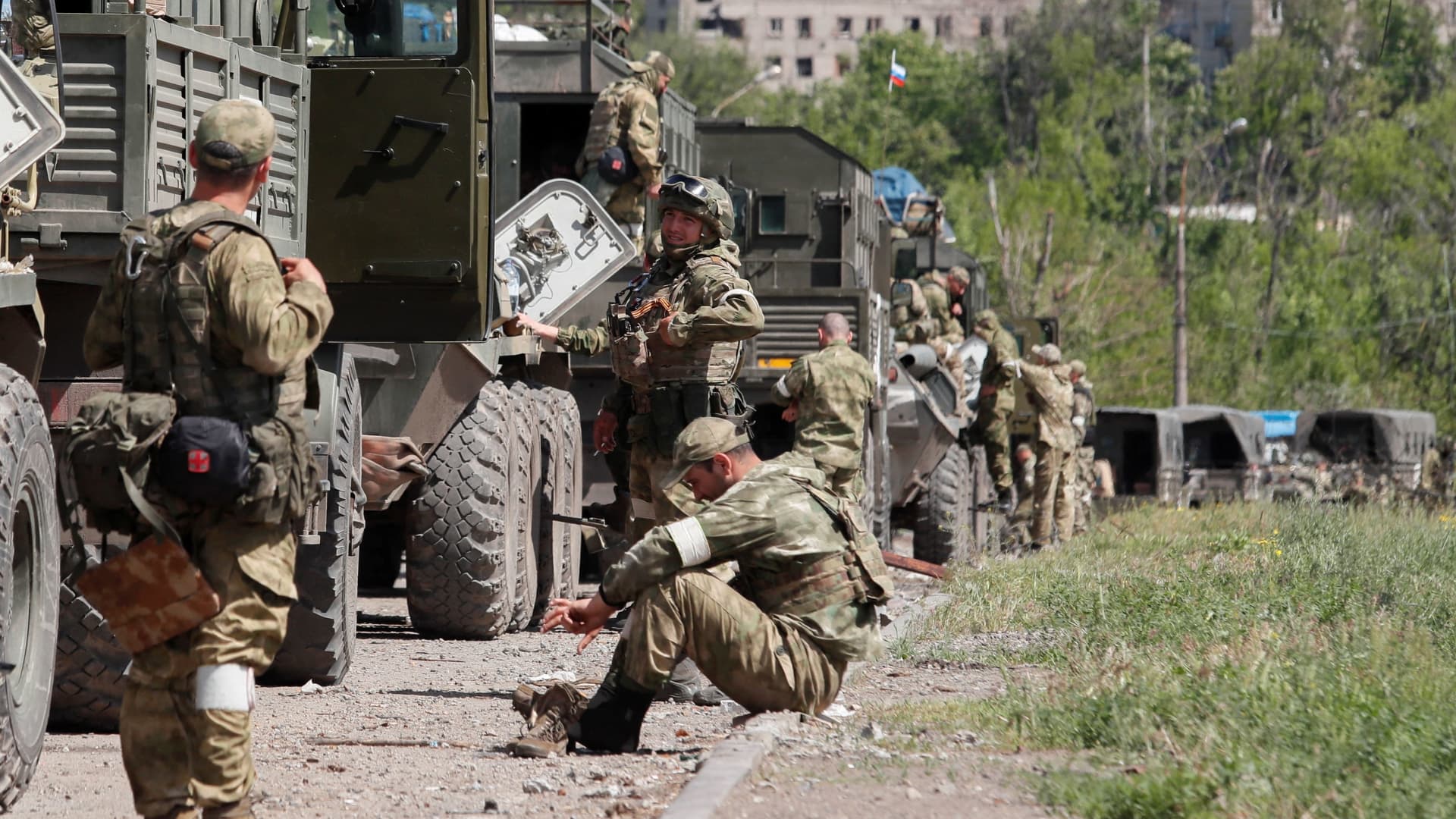 A convoy of pro-Russian troops in Mariupol, Ukraine, on May 16, 2022.
