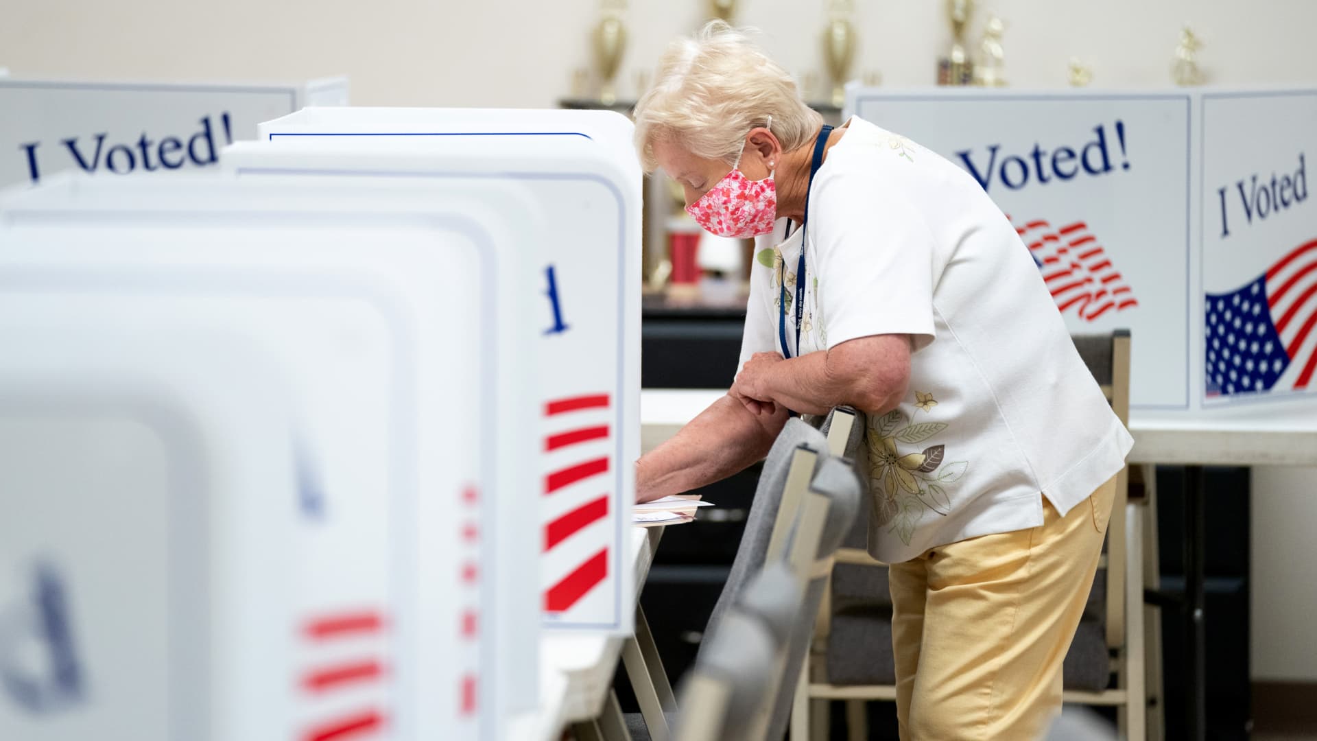 A woman votes at a polling booth on May 17, 2022 in Norwood, North Carolina, United States. North Carolina is one of several states holding midterm primary elections.
