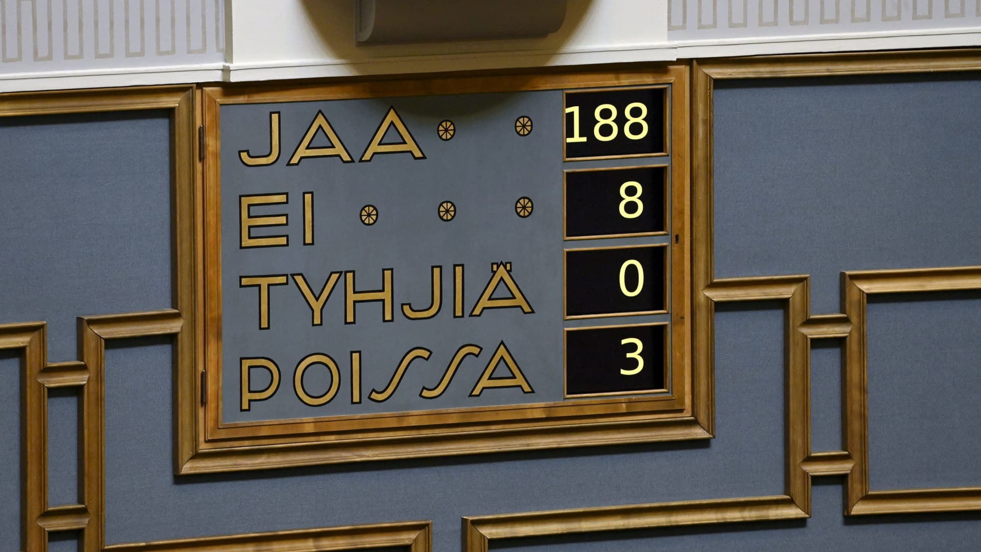 The result of the Nato vote seen on the voting board during the plenary session at the Finnish parliament, as Finnish legislators have voted and decided that Finland will seek the NATO membership in Helsinki, Finland May 17, 2022. 