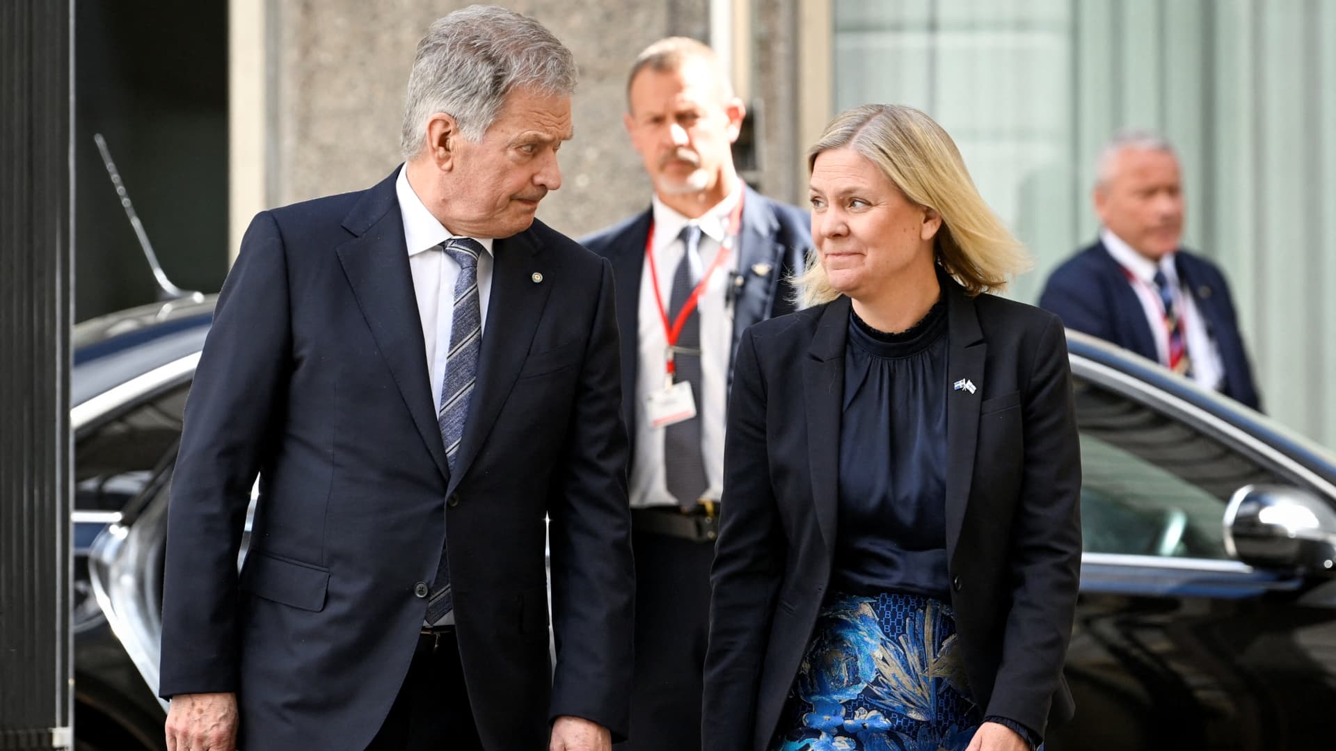 Sweden's Prime Minister Magdalena Andersson receives Finland's President Sauli Niinisto at the Adelcrantzska house in Stockholm, Sweden May 17, 2022. 