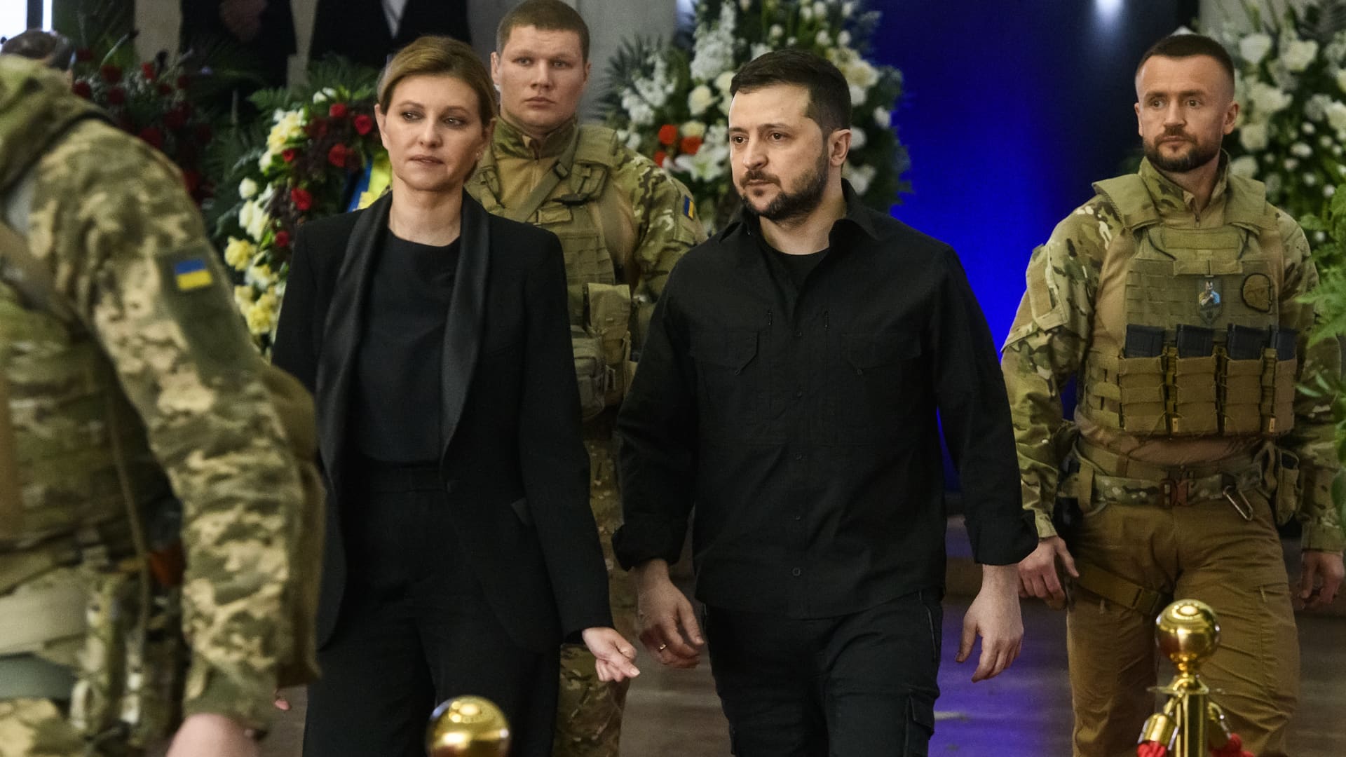 Ukraine's President Volodymyr Zelensky and his wife Olena Zelenska attend the funeral ceremony of Ukrainian first president Leonid Kravchuk in Kyiv, Ukraine, May 17, 2022.