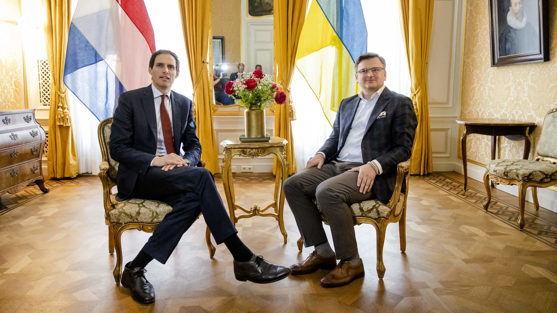 Netherlands' Foreign Affairs Minister Wopke Hoekstra (L) poses during a meeting with Ukrainia's counterpart Dmytro Kuleba (R) in Johan de Withuis in The Hague on May 17, 2022, on the 83rd day of the Russian invasion of Ukraine.
