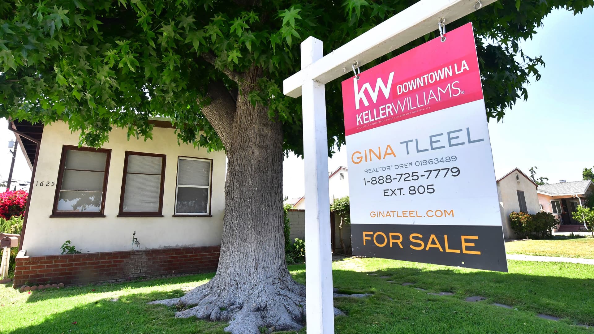 A sign of a home for sale is pictured in Alhambra, California on May 4, 2022.