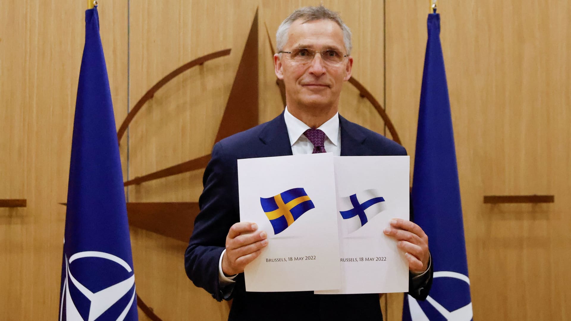 NATO Secretary-General Jens Stoltenberg attends a ceremony to mark Sweden's and Finland's application for membership in Brussels, Belgium, May 18, 2022.