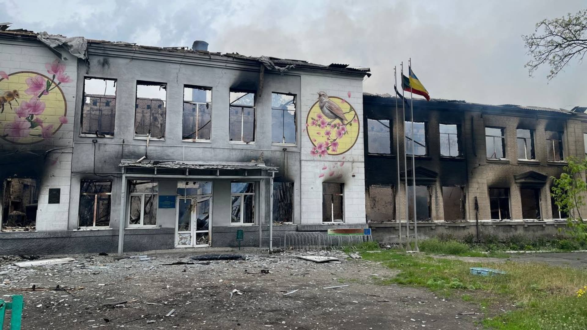 Remains of a school destroyed amid the ongoing Russian invasion of Ukraine are pictured, in Avdiivka, Donetsk Region, Ukraine in this still image released on May 18, 2022. 