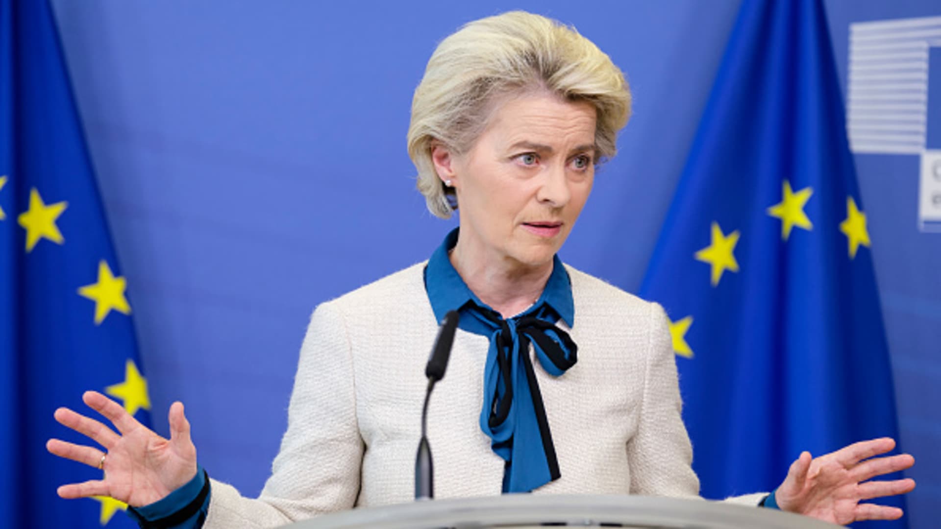 EU Commission President, Ursula von der Leyen talks to the media on May 18, 2022 in Brussels, Belgium. Today, the European Commission has presented the REPowerEU Plan, its response to the hardships and global energy market disruption caused by Russias invasion of Ukraine.