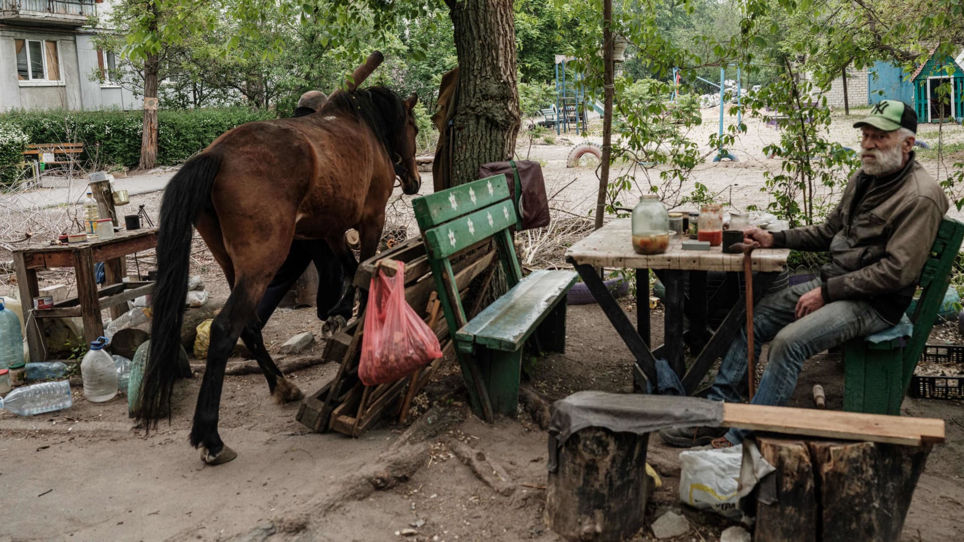 A man sits next to his horse during nearby mortar shelling in Severodonetsk, eastern Ukraine, on May 18, 2022, on the 84th day of the Russian invasion of Ukraine.