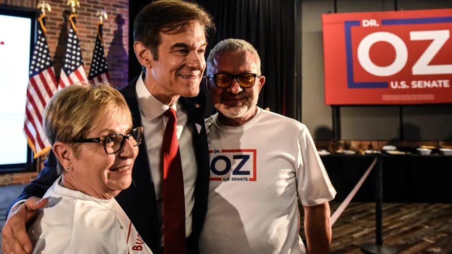 Republican U.S. Senate candidate Mehmet Oz greets supporters after the primary race resulted in an automatic re-count due to close results on May 17, 2022 in Newtown, Pennsylvania.