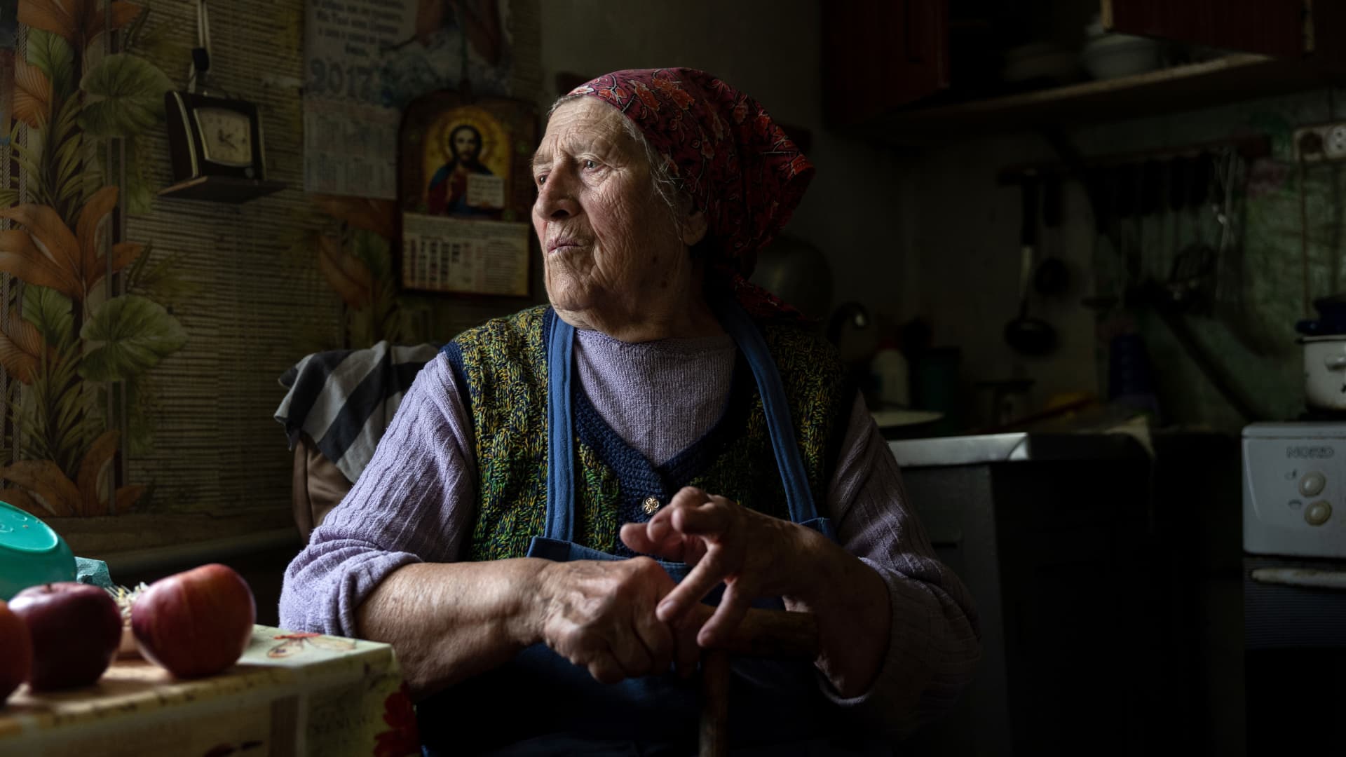Maria Pshenychnykh, 83, sits in the kitchen of her war-damaged home near Kharkiv on May 18, 2022 in Vilkhivka, Ukraine, which had until recently been occupied by Russian forces. Seniors in the city have been relying on humanitarian aid, as their monthly government pension payments were suspended due to the fighting. In recent weeks Ukrainian forces have advanced towards the Russian border after Russia's offensive on Kharkiv, Ukraine's second largest city stalled.
