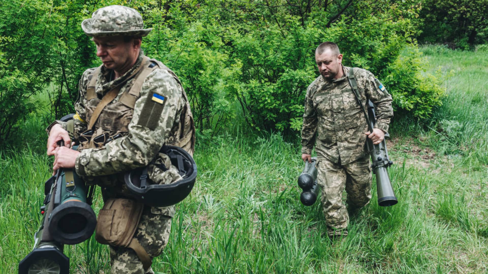 Ukrainian soldiers are seen with new military weapons in Donetsk Oblast, Ukraine on May 14, 2022.